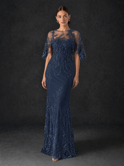 BOLODOO Mocha Rose Botanical Lace Flutter Sleeve Mermaid Gown - Navy Blue - Navy Blue
