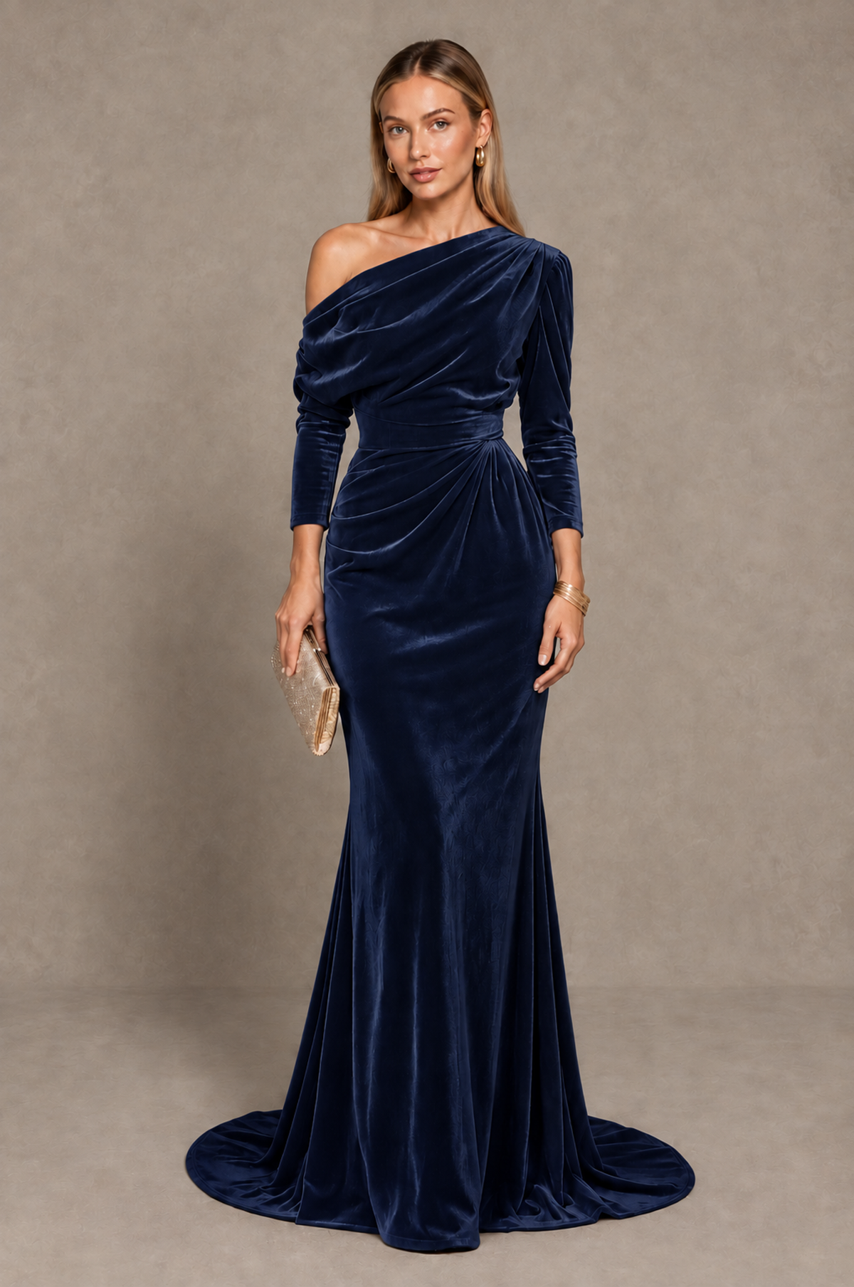 BOLODOO Navy Blue Velvet Asymmetric Neck Mermaid Evening Dress - Navy Blue - Navy_Blue_1