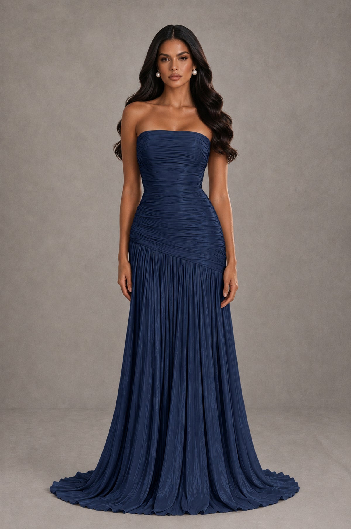 BOLODOO Navy Blue Metallic Ruched Strapless Pleated A-Line Backless Maxi Dress with Train - Navy Blue - Navy Blue_1