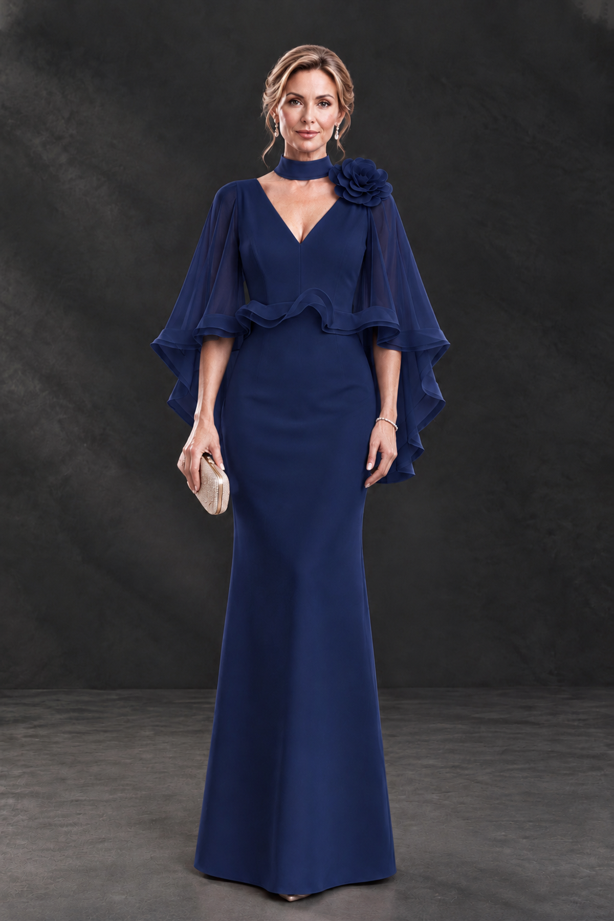 BOLODOO Navy Blue Floral Cape Sleeve Mother of the Bride Dress - Navy Blue - Navy_Blue_1