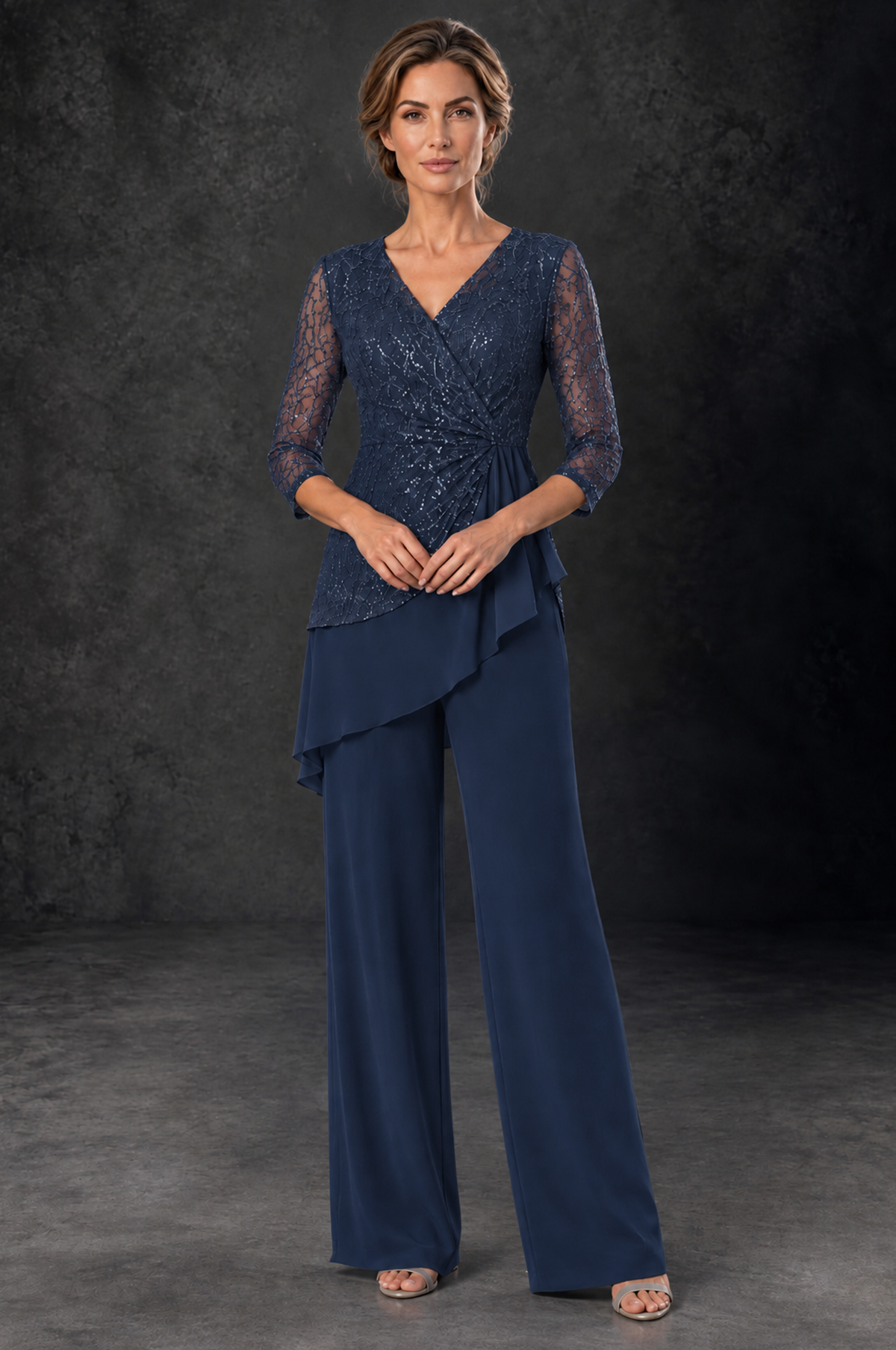 BOLODOO Navy Blue Sequin Lace 3/4 Sleeve Chiffon Mother of the Bride Pant Suit - Navy Blue - Navy_Blue_1