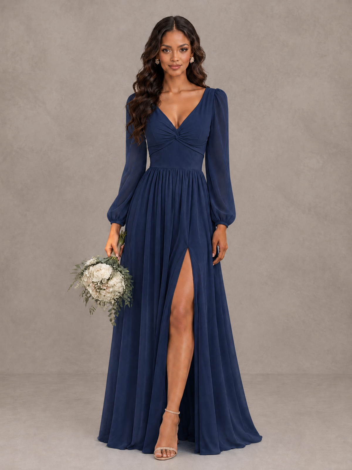 BOLODOO Navy Blue V-Neck Long Sleeve Bridesmaid Dress with Tie Back and Slit - Navy Blue - Navy Blue_1