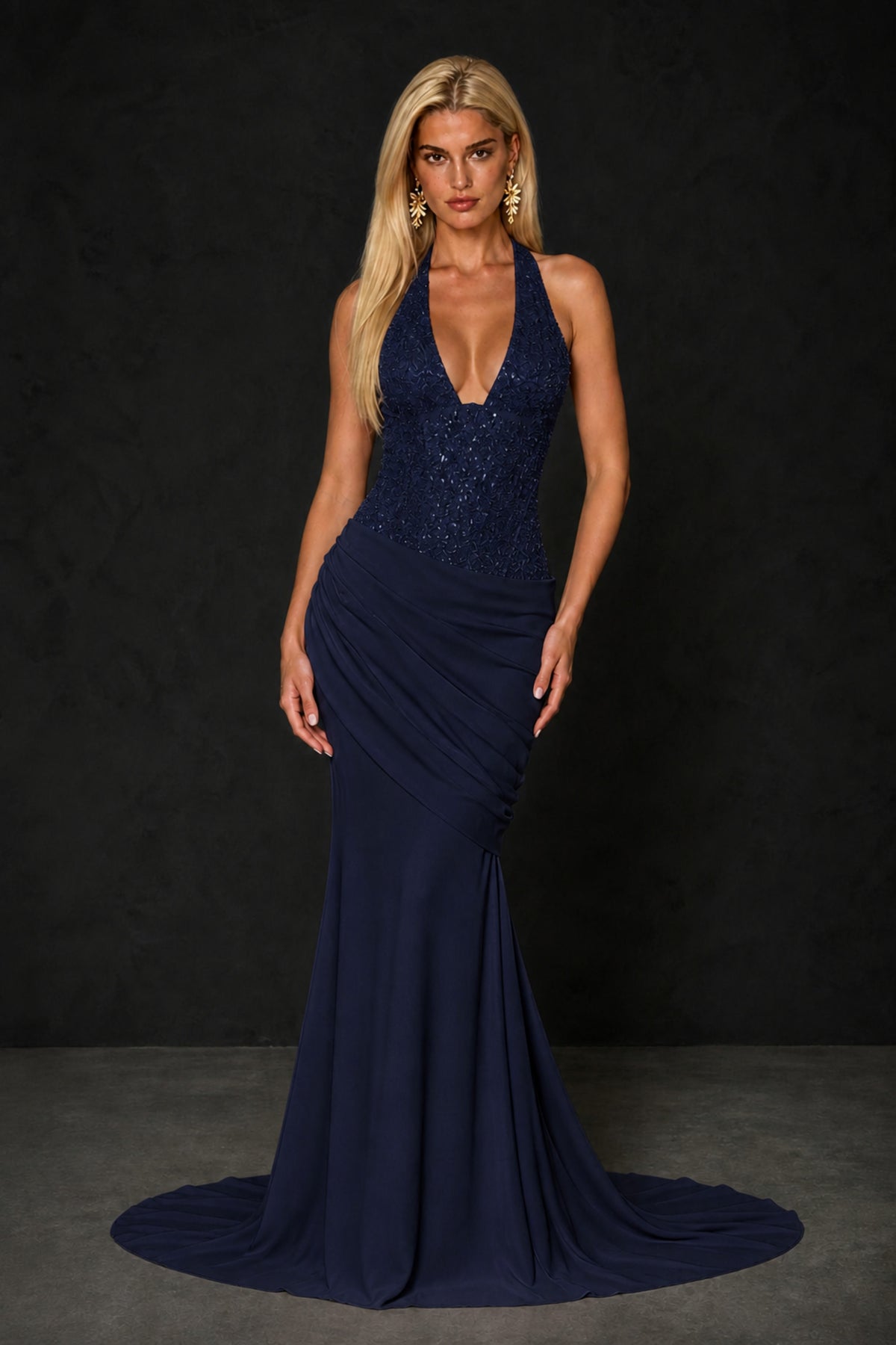 BOLODOO Navy Blue Halter Mermaid Gown – Deep V Open Back Sequin Formal Evening Dress with Train - Navy Blue