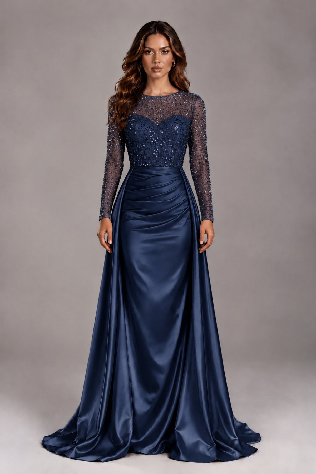 BOLODOO Navy Blue Long Sleeve Embellished Satin Evening Gown with Sweep Train - Navy Blue - Navy Blue_1
