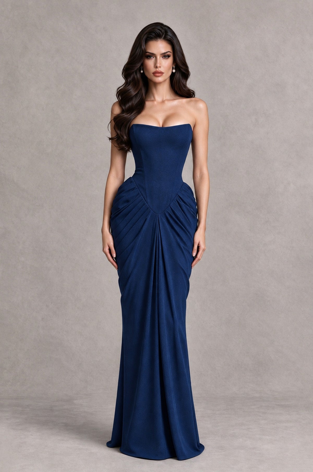 BOLODOO Navy Blue Strapless Ruched Corset Evening Gown - Navy Blue - Navy Blue_1