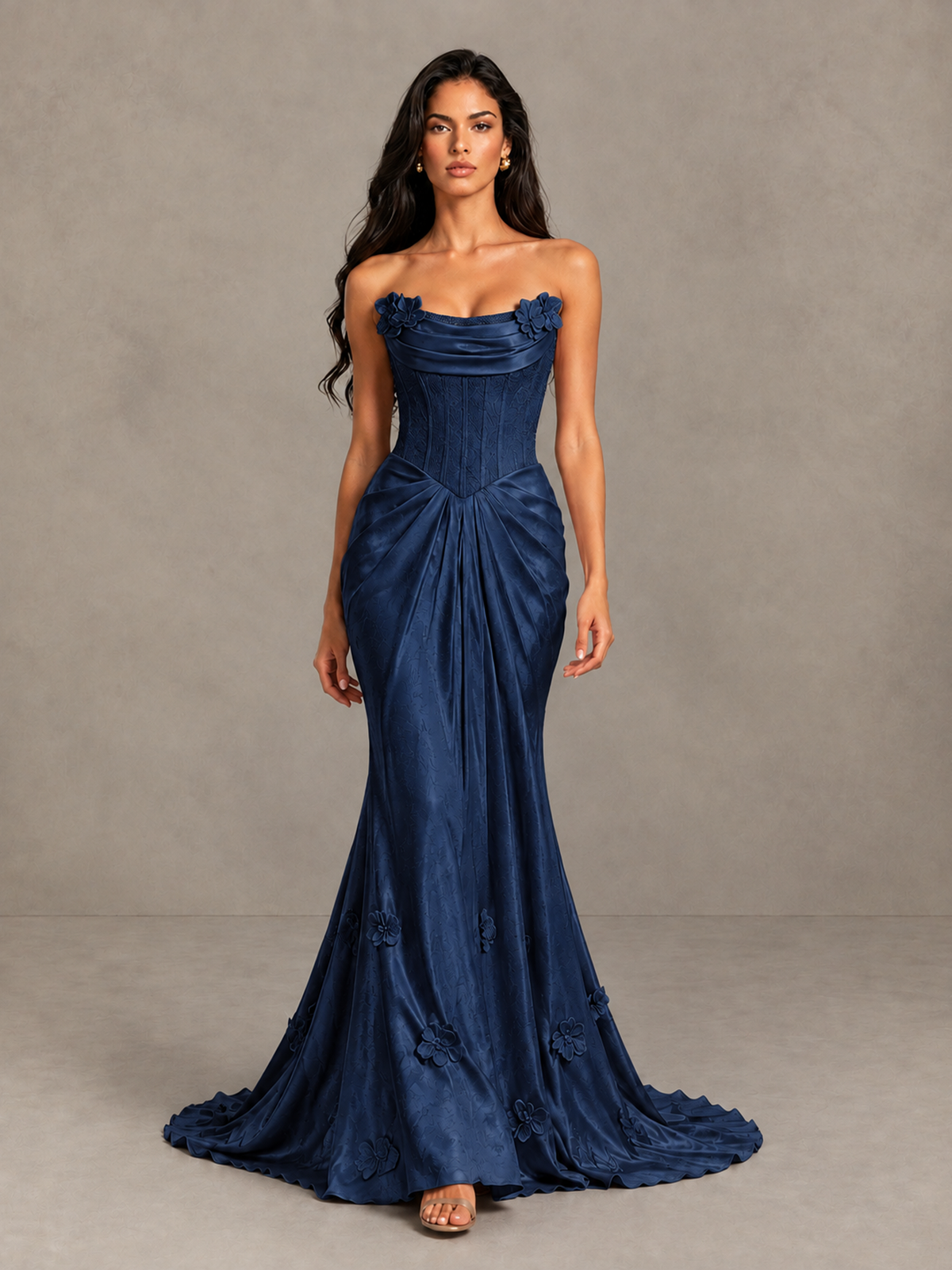 BOLODOO Navy Blue Strapless Floral Corset Evening Gown with Train - Navy Blue - Navy Blue_1
