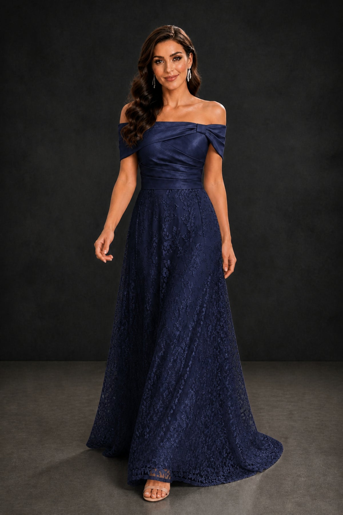 BOLODOO Navy Blue Lace Glitter Off Shoulder Cap Sleeve A-Line Ball Gown with Train – Formal Evening Dress - Navy Blue