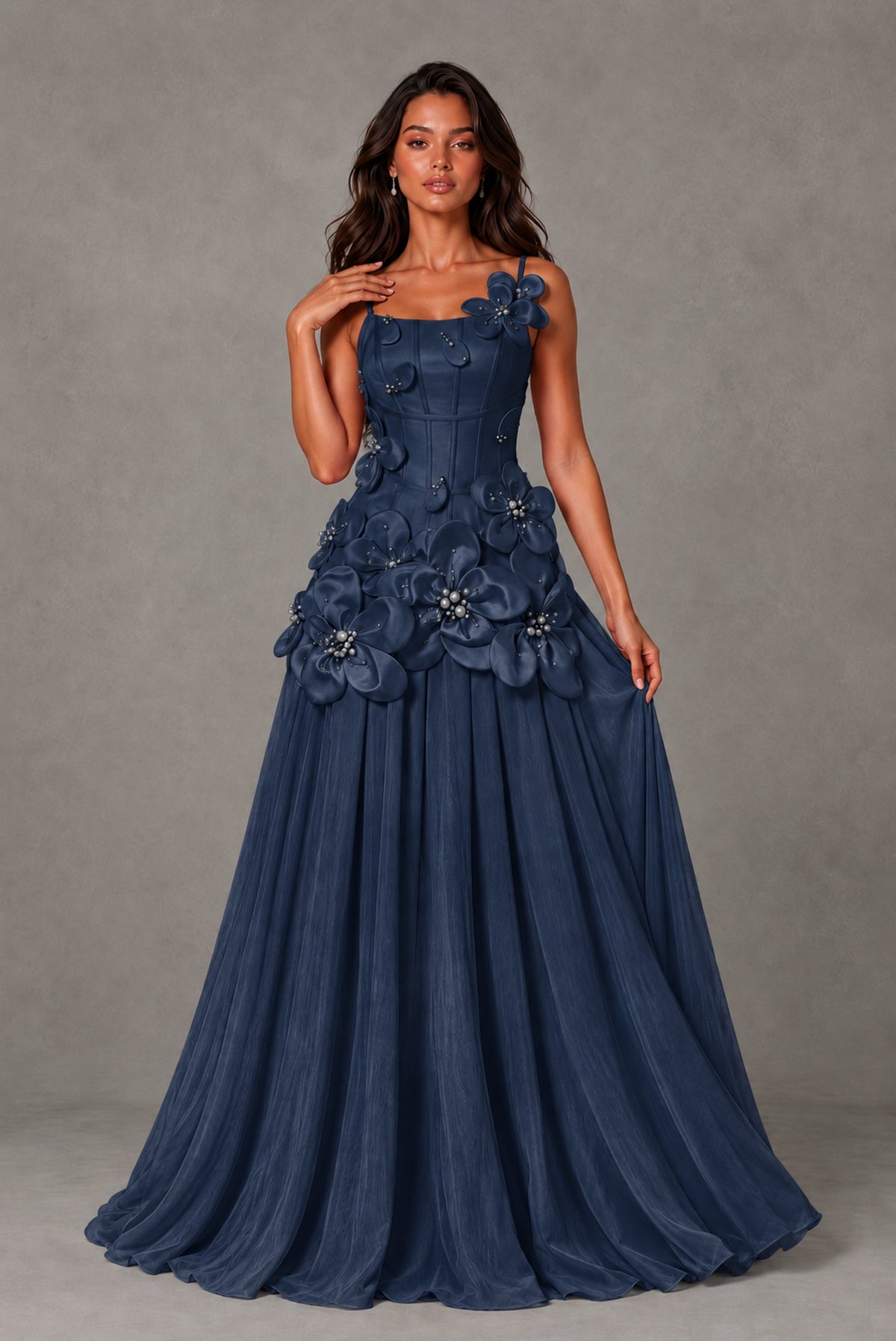 BOLODOO Navy Blue 3D Floral Appliqué Floor-Length A-Line Evening Gown - Navy Blue