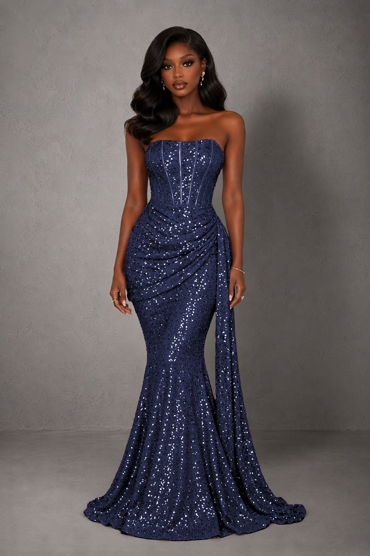 BOLODOO Navy Blue Sequin Strapless Corset Mermaid Evening Gown with Train - Navy Blue
