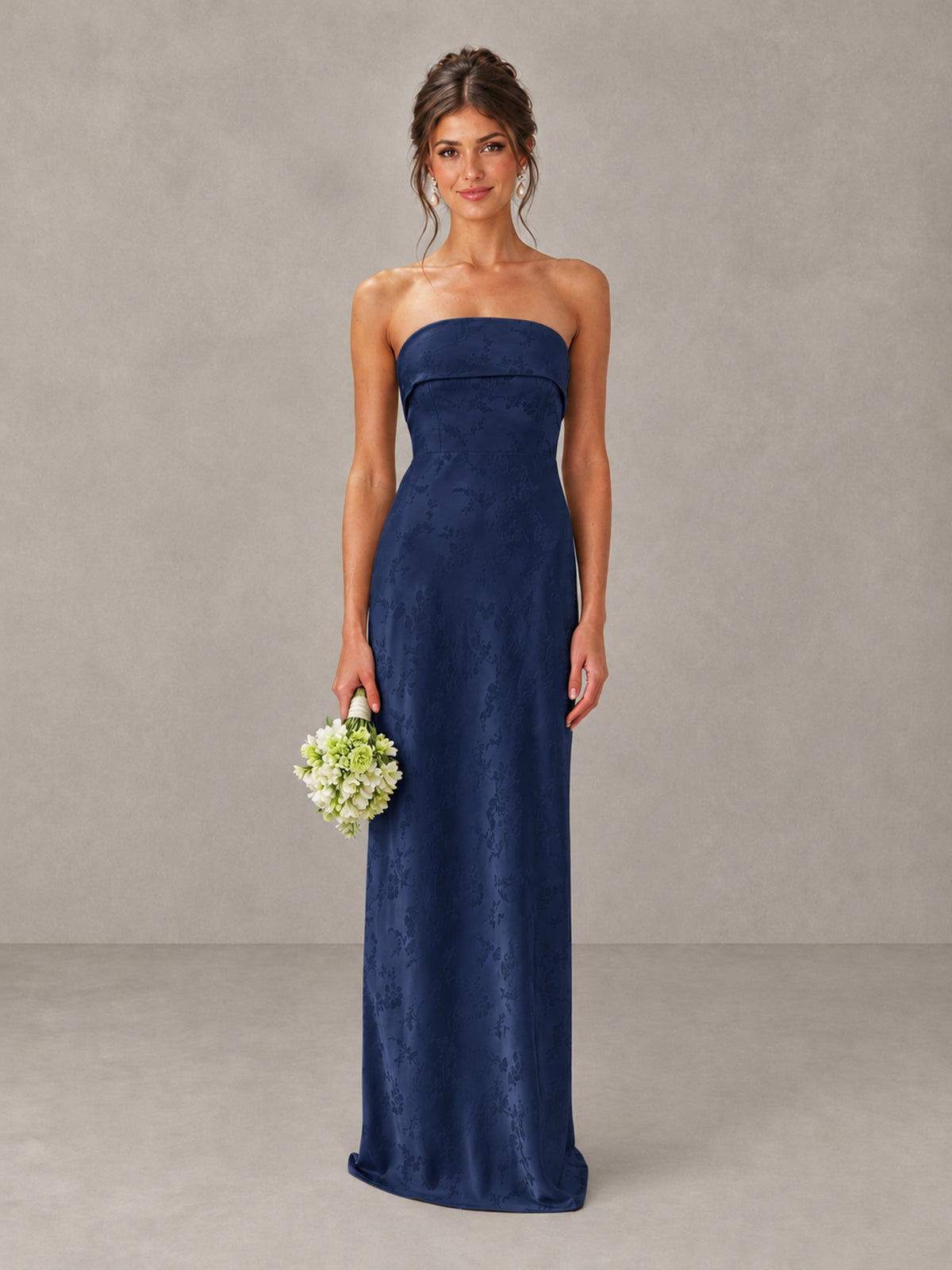 BOLODOO Navy Blue Strapless Floral Bridesmaid Dress - Navy Blue - Navy Blue_1