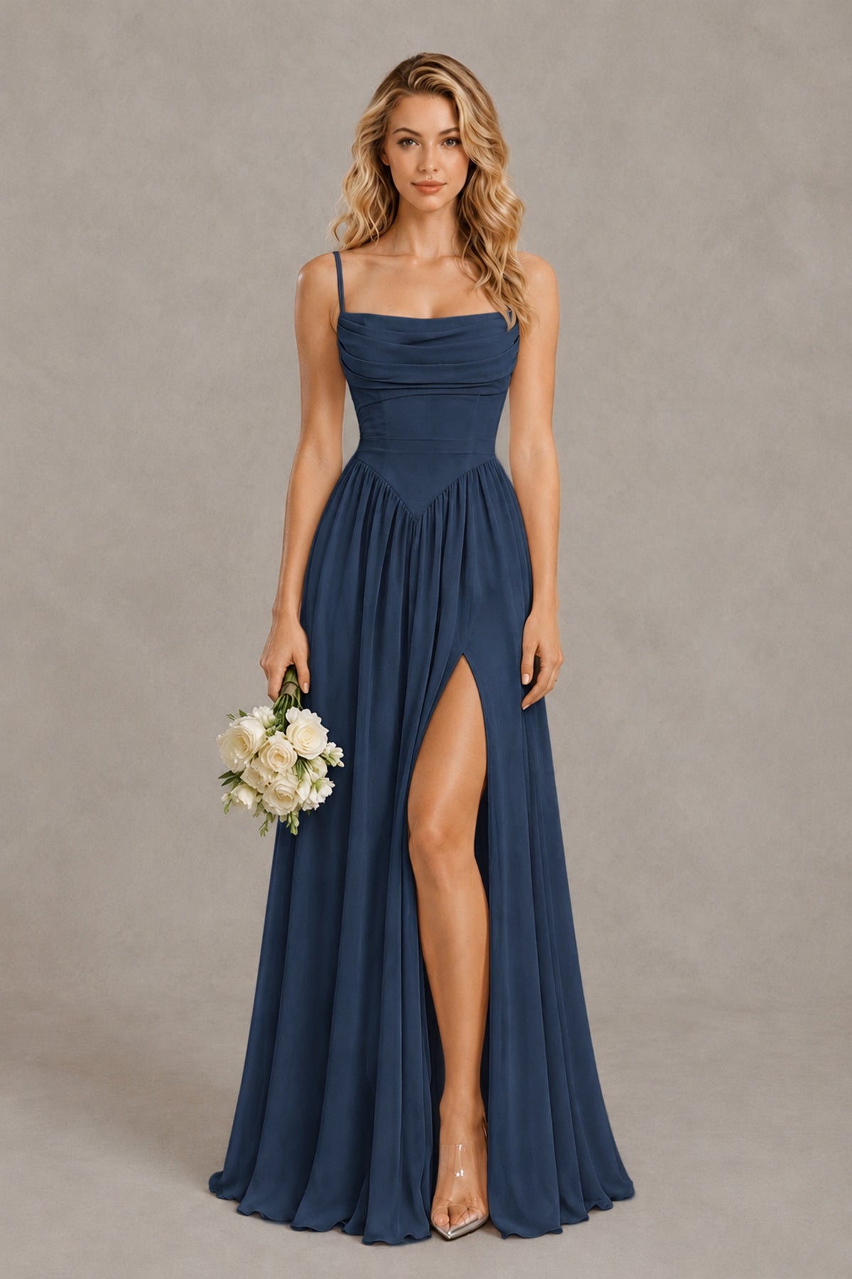 BOLODOO Navy Blue Spaghetti Strap A-Line Bridesmaid Dress with Slit - Navy Blue - Navy Blue_1