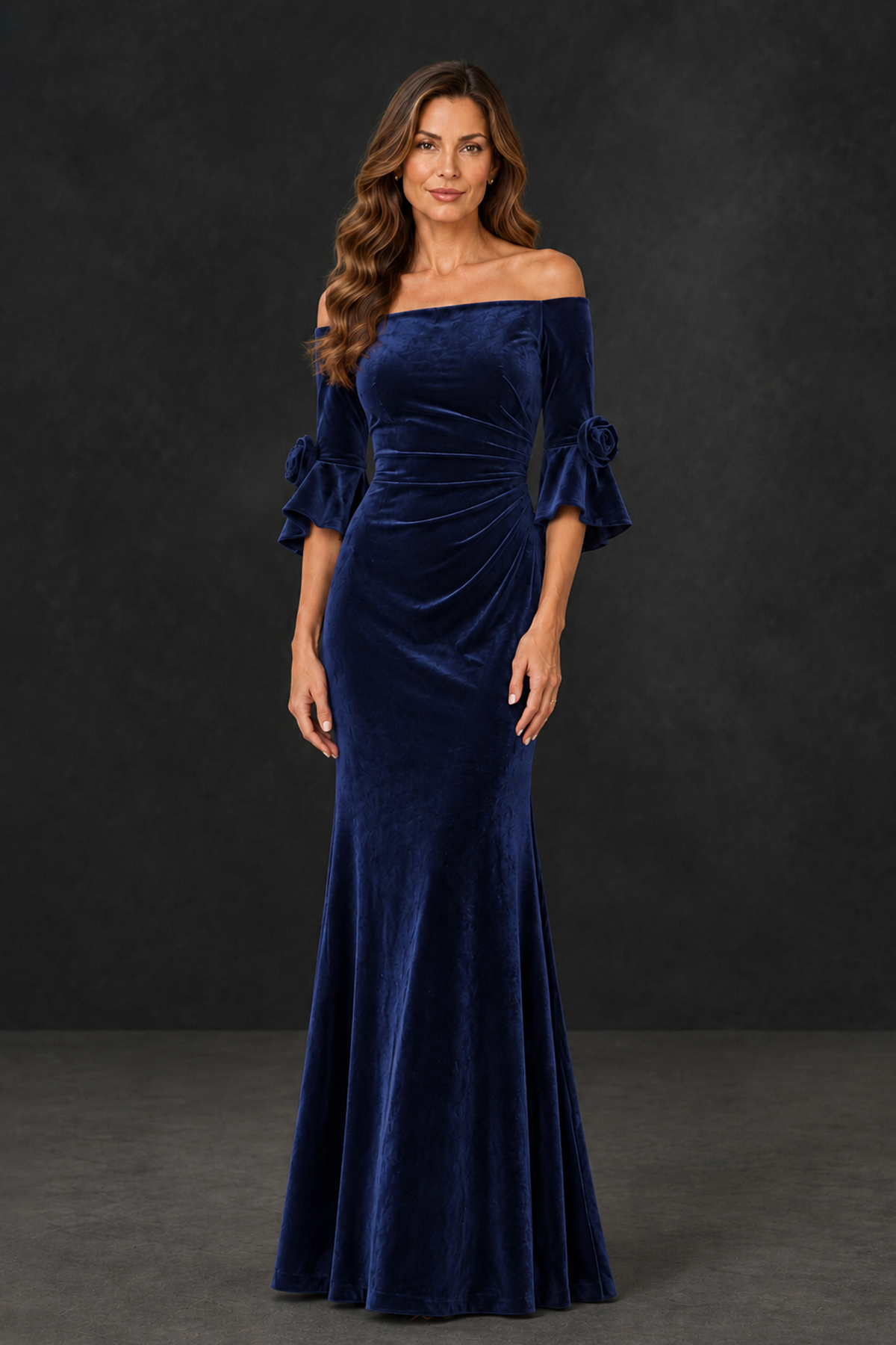 BOLODOO Navy Blue Velvet Mother of the Bride Dress with Rosette Sleeves - Navy Blue - Navy_Blue_1