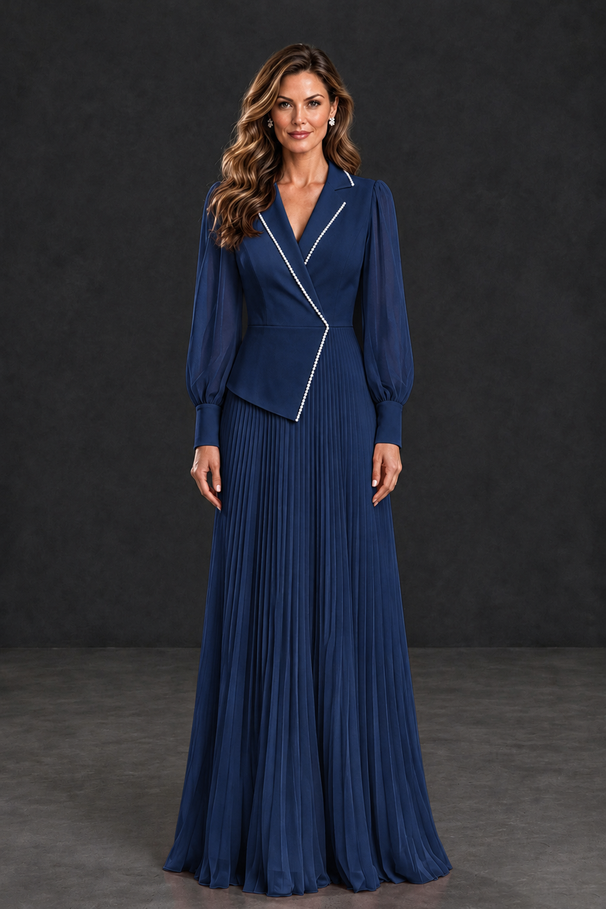 BOLODOO Navy Blue Long Sleeve Pleated Mother of the Bride Dress - Navy Blue - Navy Blue_1