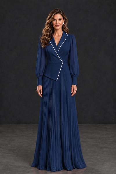 BOLODOO Navy Blue Long Sleeve Pleated Mother of the Bride Dress - Navy Blue - Navy Blue_1