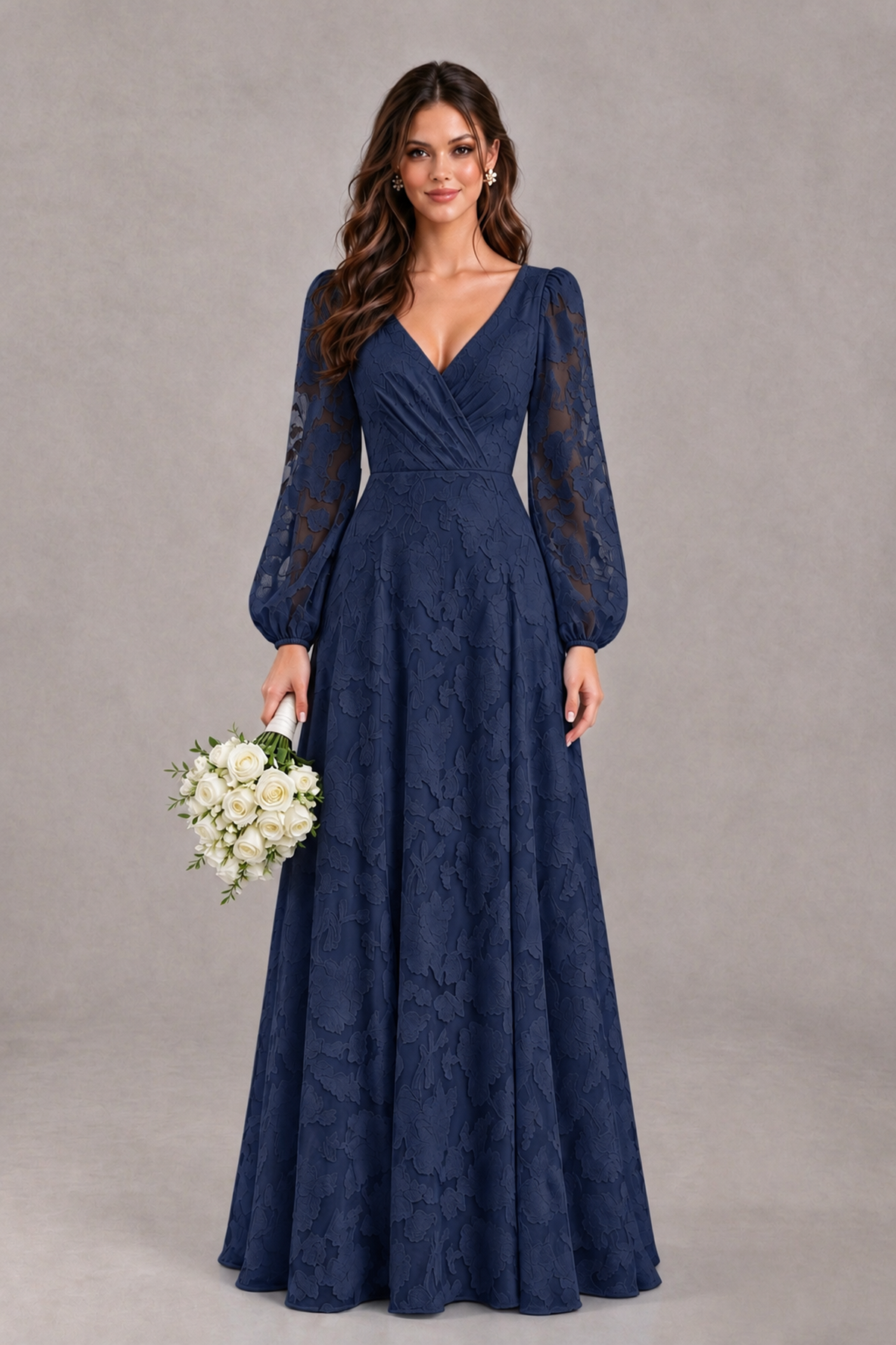 BOLODOO Navy Blue Long Sleeve V-Neck A-Line Mother of the Bride Dress - Navy Blue - Navy Blue_1
