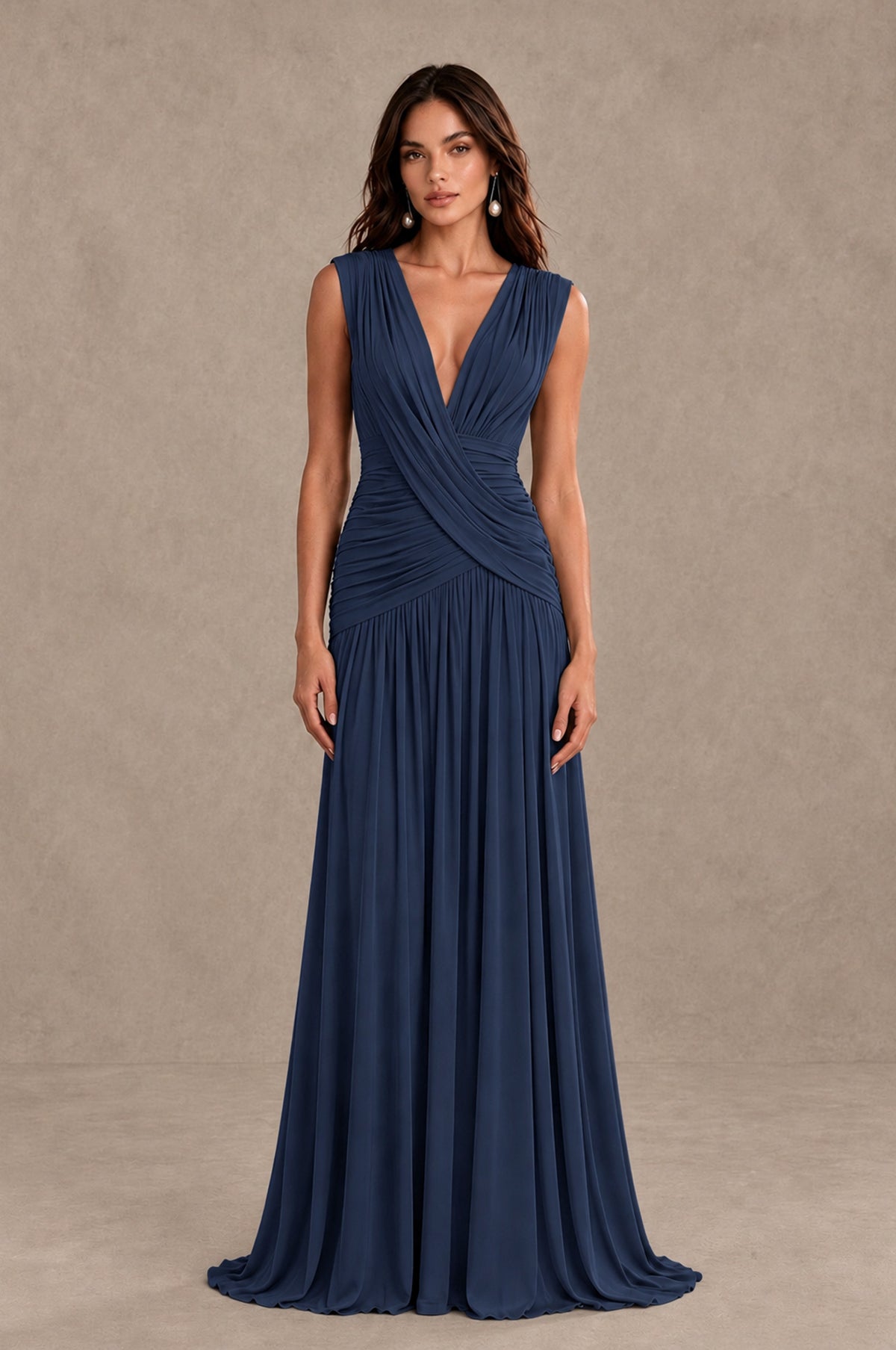 BOLODOO Navy Blue V-Neck Ruched Wedding Guest Dress - Navy Blue - Navy Blue_1
