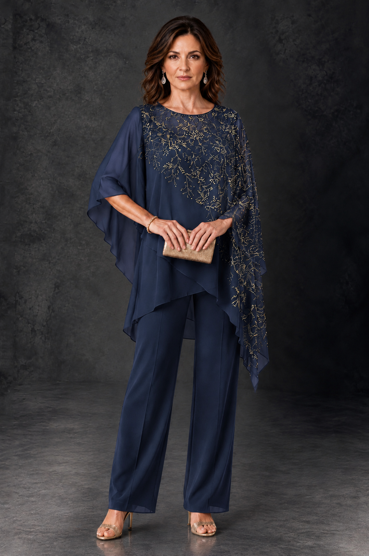 BOLODOO Navy Blue Embellished Cape Pant Suit for Mother of the Bride - Navy Blue - Navy_Blue_1