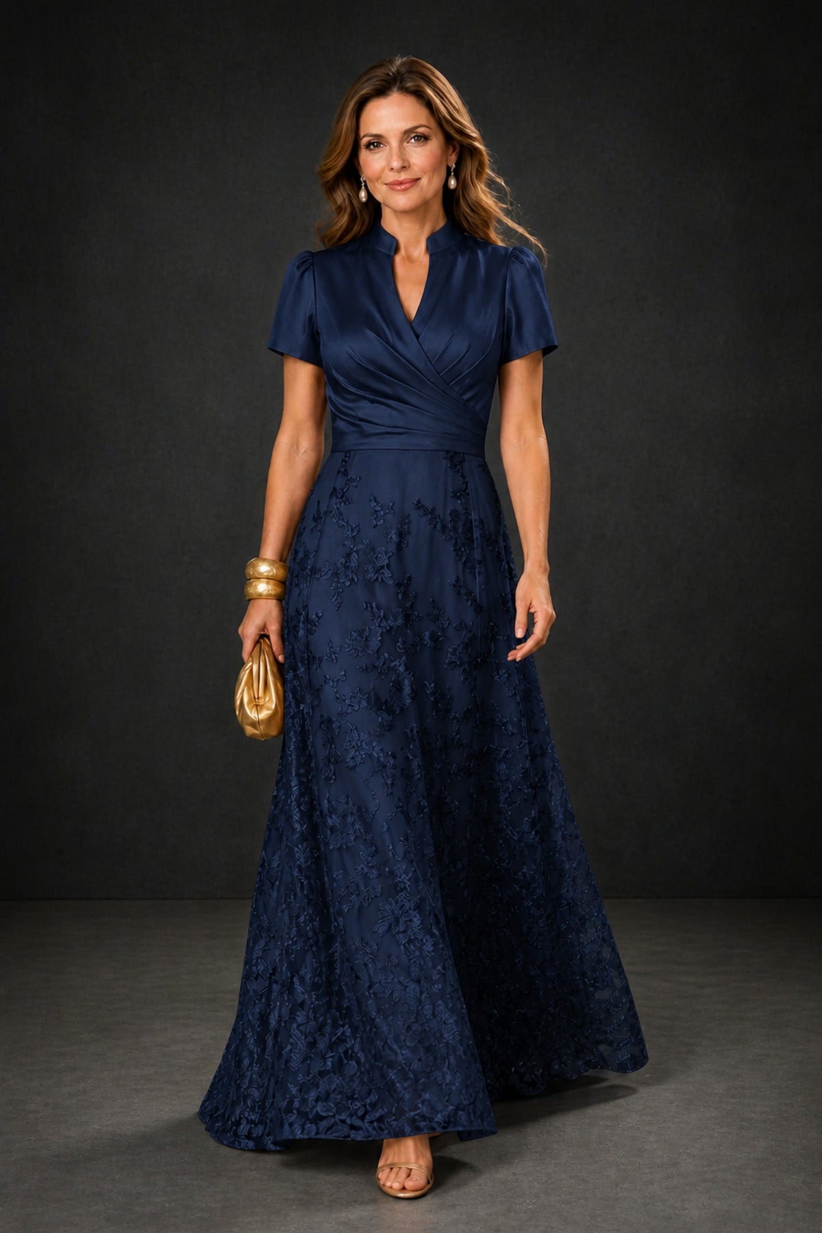 BOLODOO Navy Blue Satin Wrap V-Neck Short Sleeve Lace Glitter A-Line Floor Length Evening Gown – Formal Dress - Navy Blue