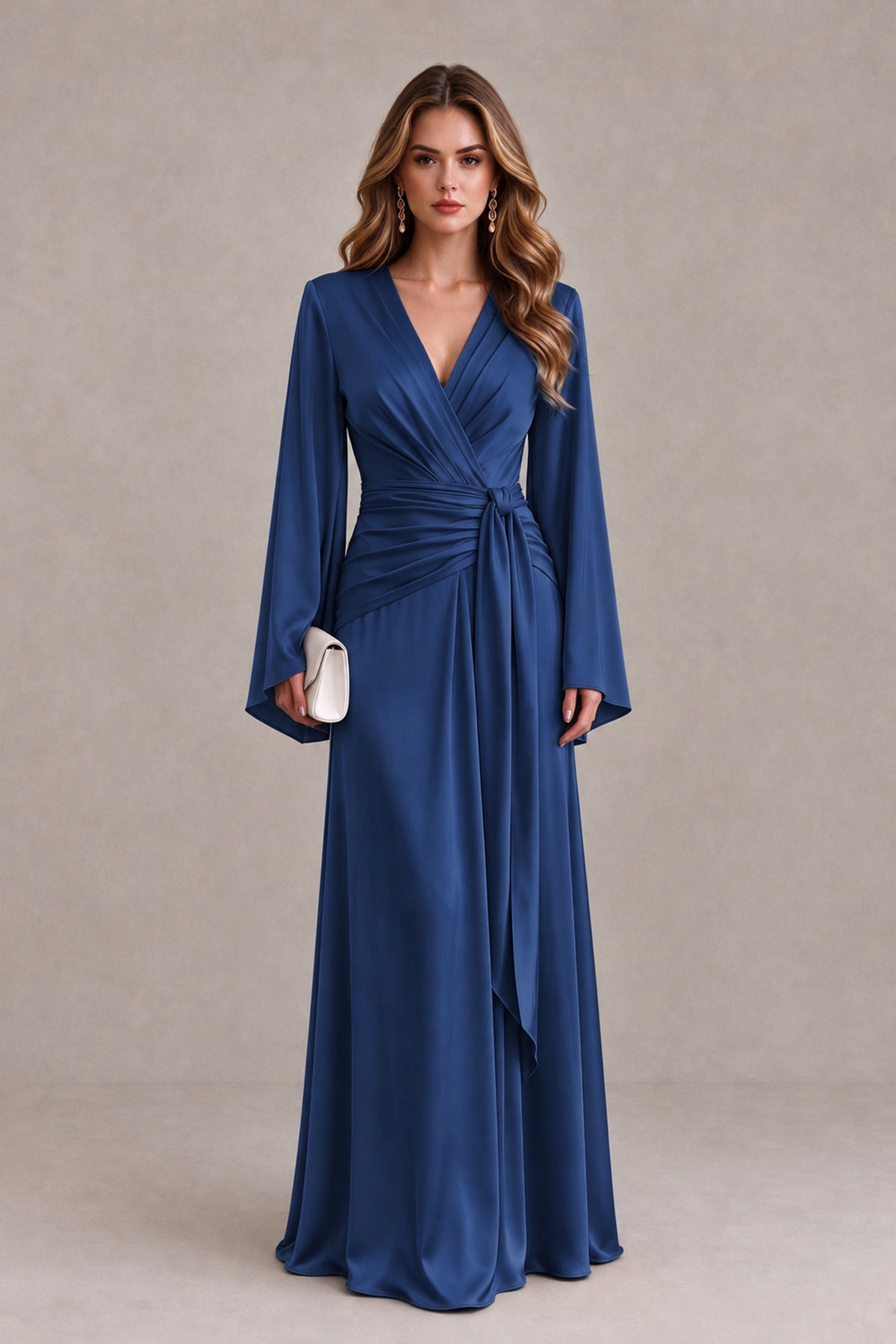 BOLODOO Navy Blue Yellow Satin-Look V-Neck Long Bell Sleeve Evening Dress - Navy Blue - Navy_Blue_1