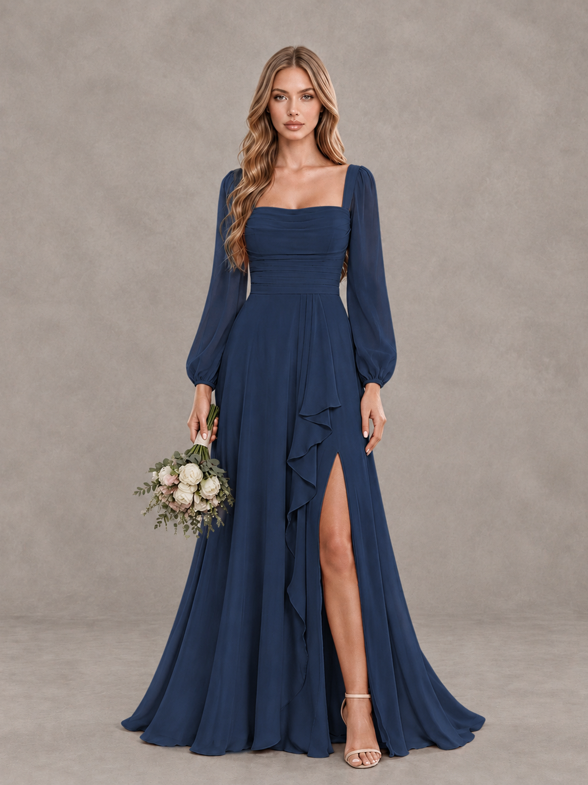 BOLODOO Navy Blue Square Neck Long Sleeve Bridesmaid Dress with Ruffle Slit - Navy Blue - Navy Blue_1