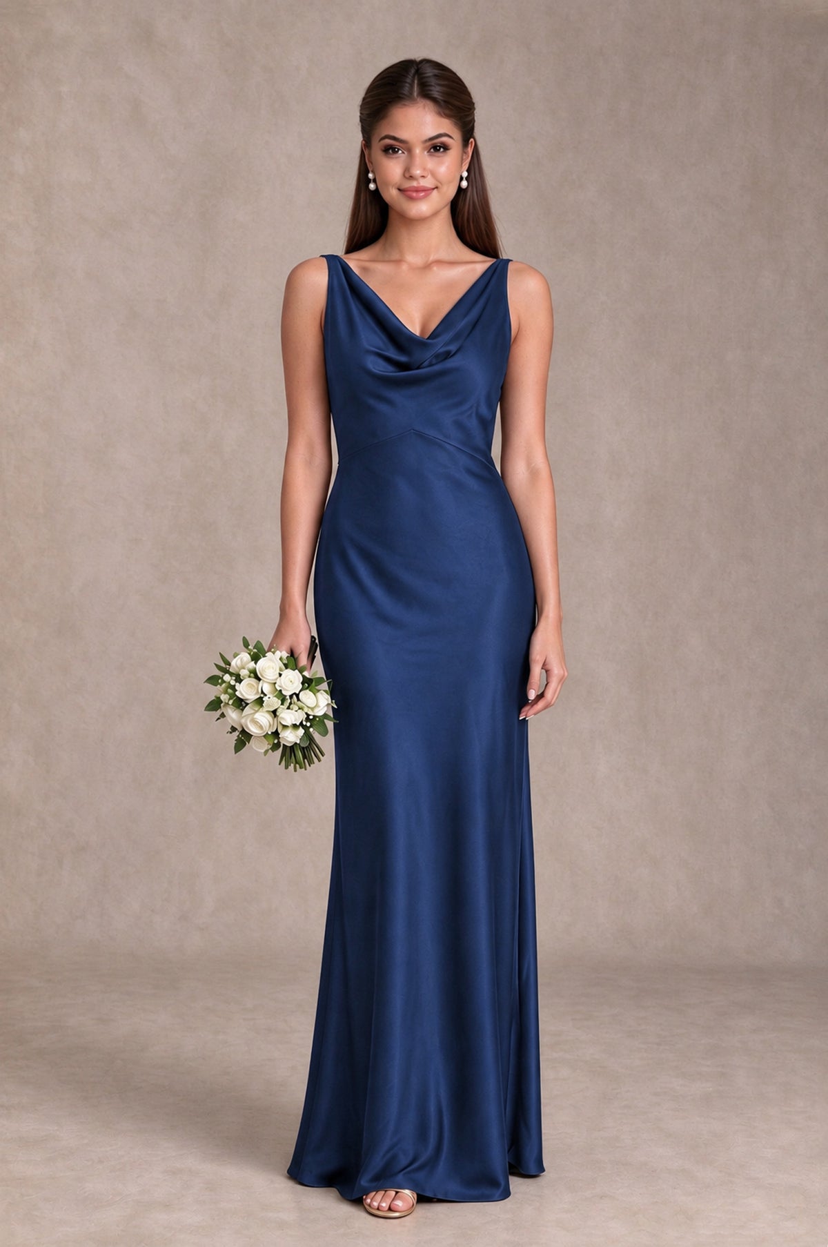BOLODOO Navy Blue Cowl Neck Open Back Satin Bridesmaid Dress - Navy Blue - Navy Blue_1