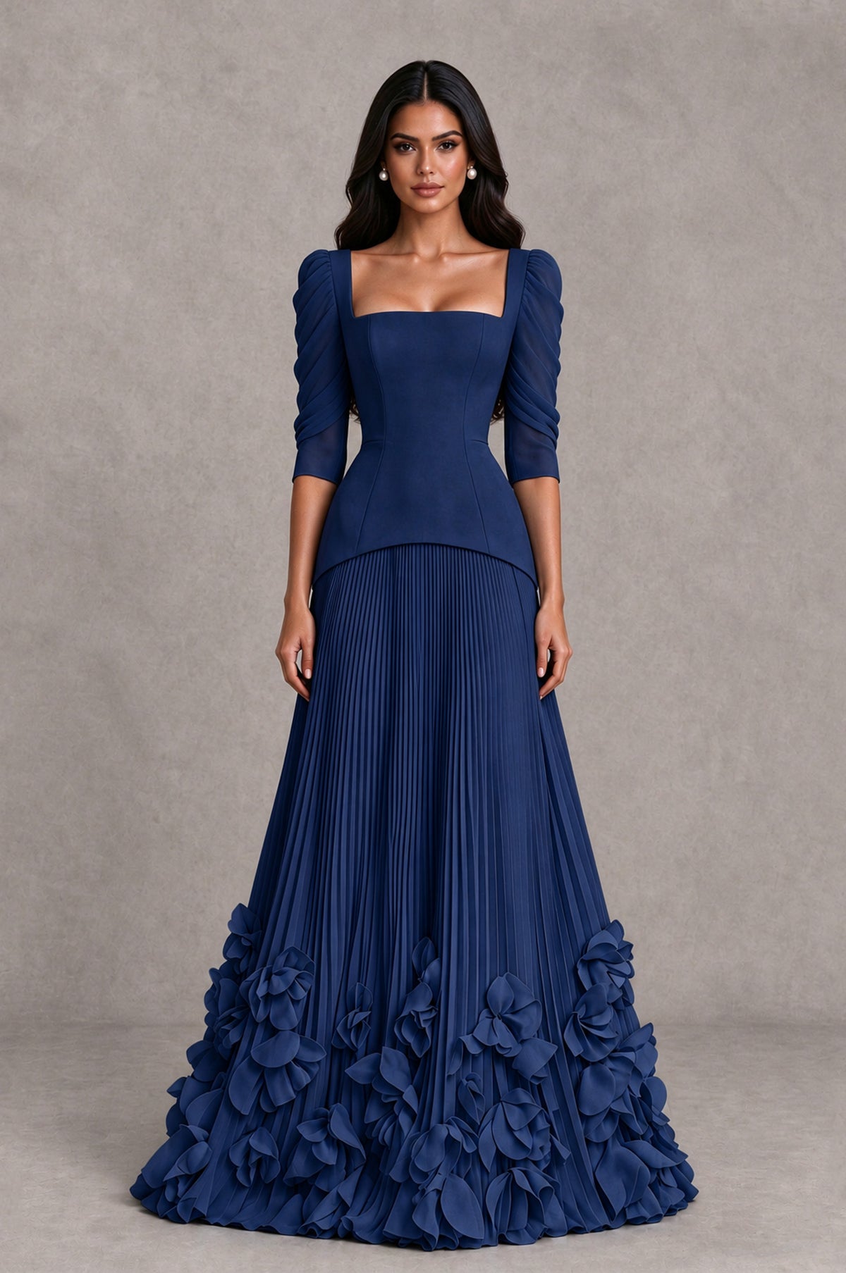 BOLODOO Navy Blue Square Neck Pleated Floral Applique Evening Dress - Navy Blue - Navy Blue_1