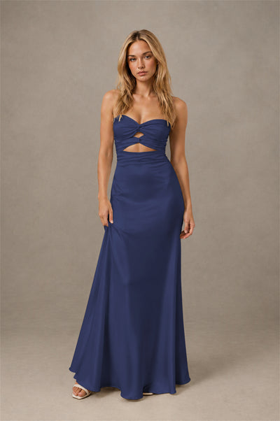 BOLODOO Navy Blue Sweetheart Strapless Twist Knot Cutout Lace-Up Back Satin Mermaid Maxi Dress - Navy Blue - Navy Blue(1)