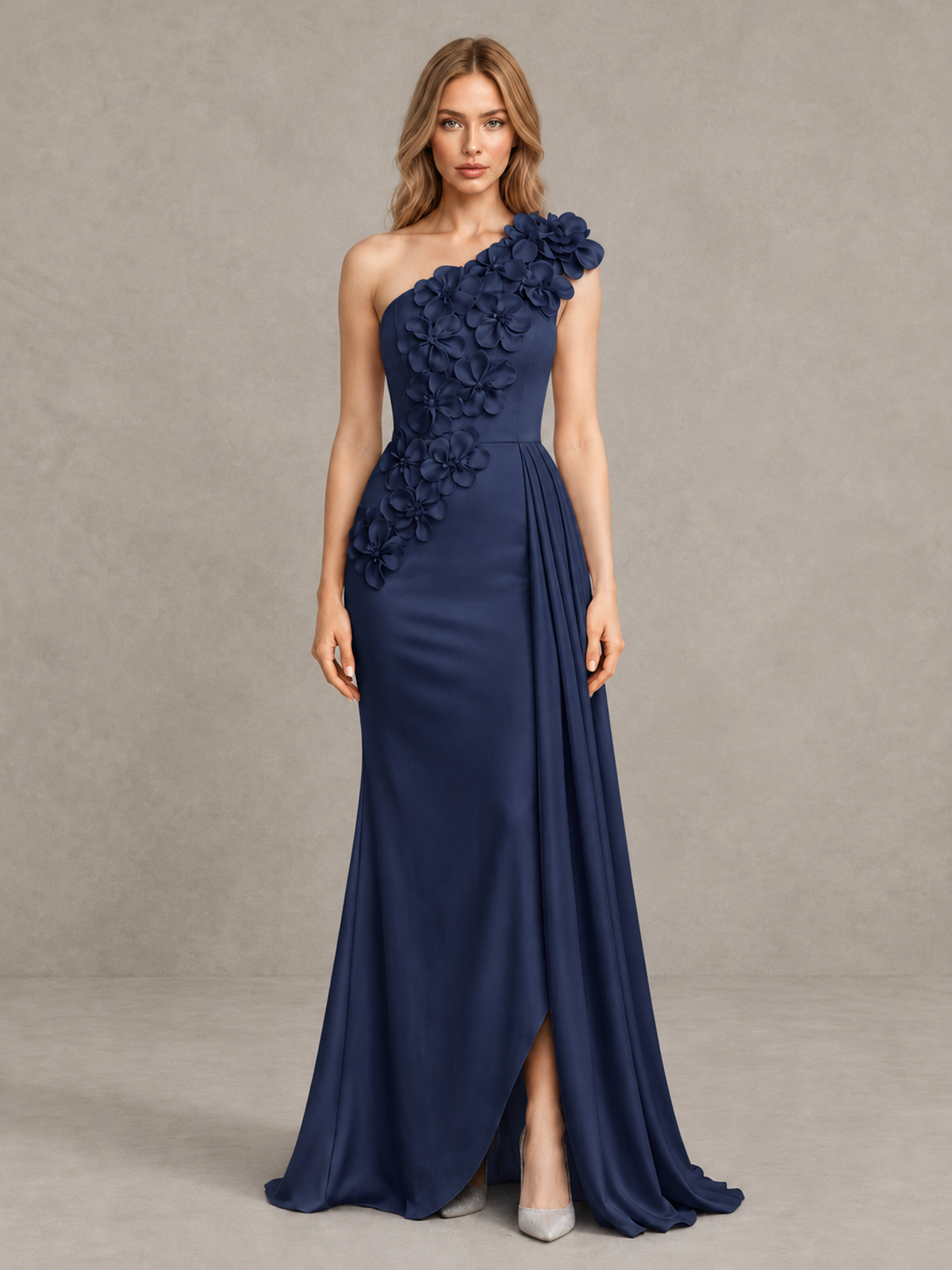 BOLODOO Navy Blue One-Shoulder Satin Mermaid Evening Gown with 3D Floral Appliqué - Navy Blue - Navy Blue_1