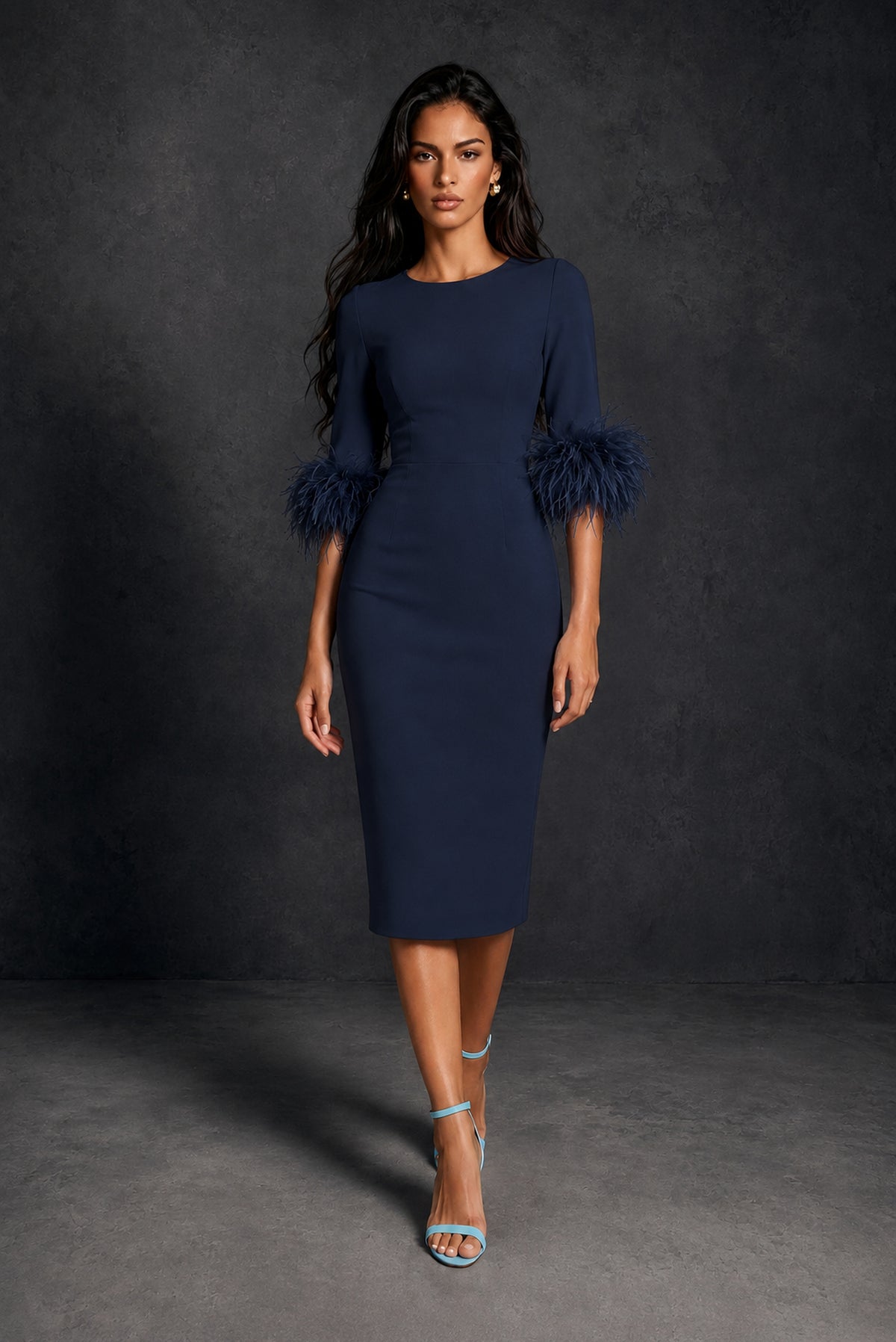 BOLODOO Navy Blue Ostrich Feather Cuff 3/4 Sleeve Round Neck Bodycon Midi Dress with Back Slit - Navy Blue