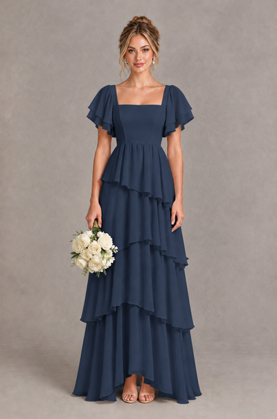 BOLODOO Navy Blue Square Neck Flutter Sleeve Tiered Chiffon Bridesmaid Dress with Lace-Up Back - Navy Blue - Navy Blue_1