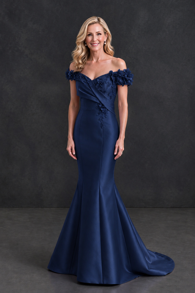 BOLODOO Navy Blue Off-Shoulder Floral Mermaid Mother of the Bride Dress - Navy Blue - Navy Blue_1