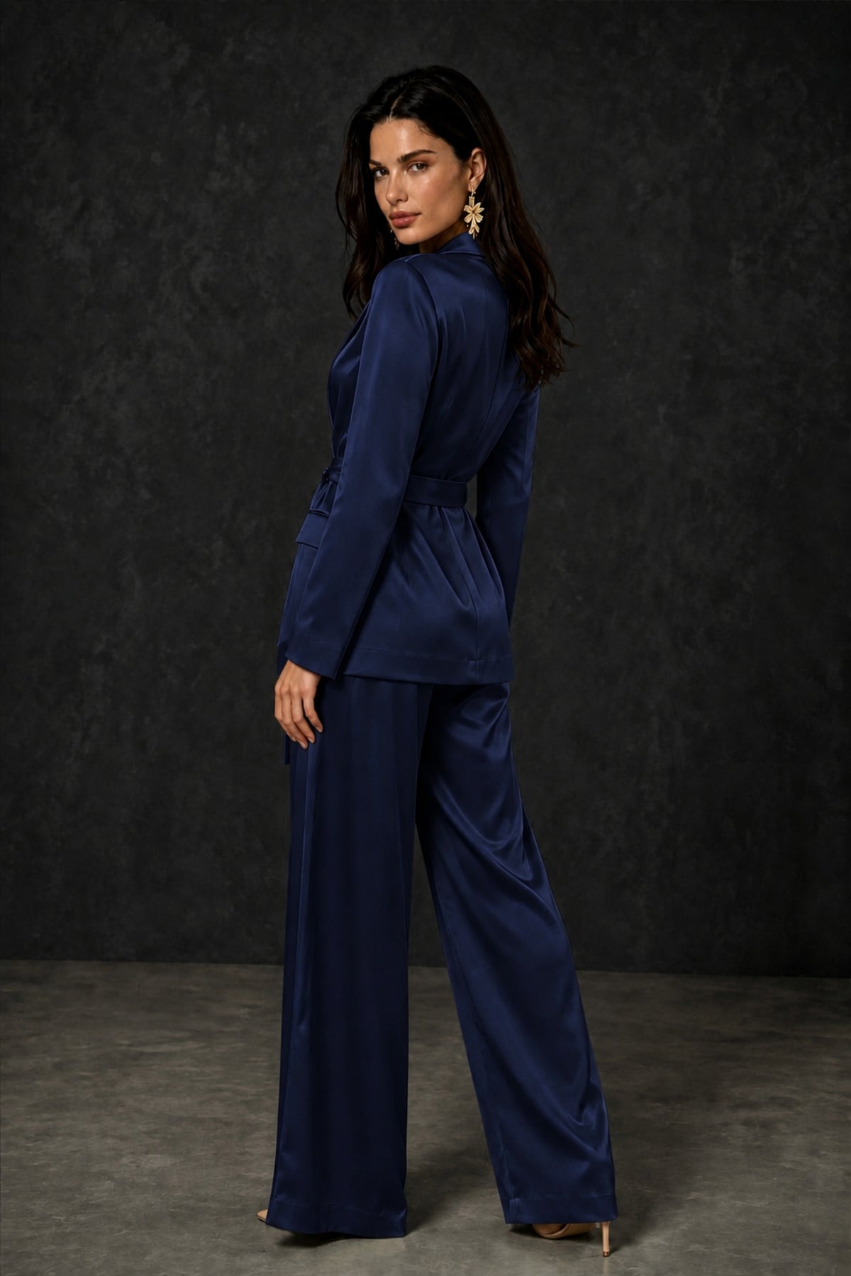 BOLODOO Navy Blue Satin Wrap Blazer Wide-Leg Pants Two-Piece Suit Set – Evening Gala Wedding Guest - Navy Blue
