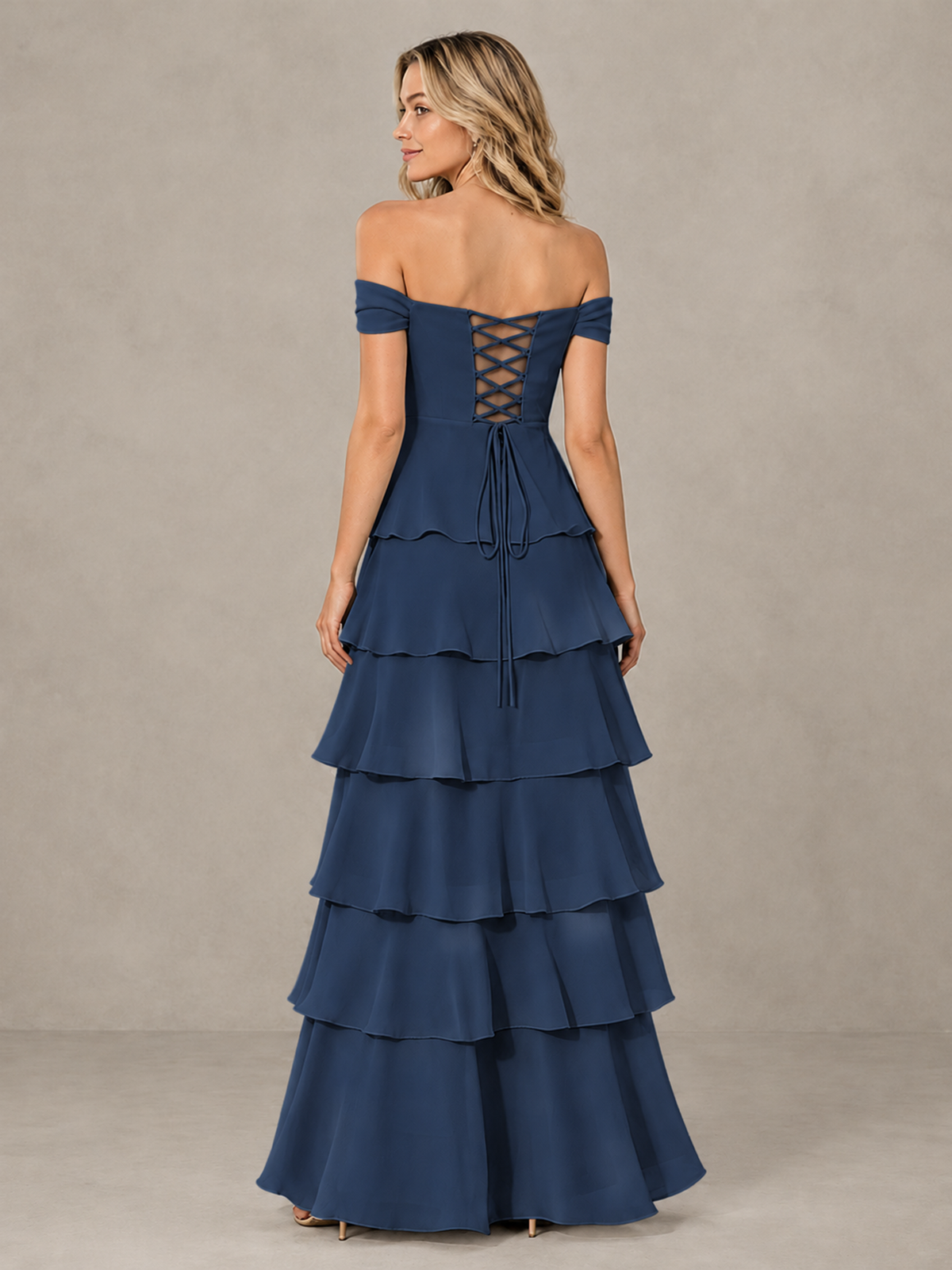 BOLODOO Navy Blue Off-Shoulder Tiered Ruffle Bridesmaid Dress with Lace-Up Back - Navy Blue - Navy Blue_2