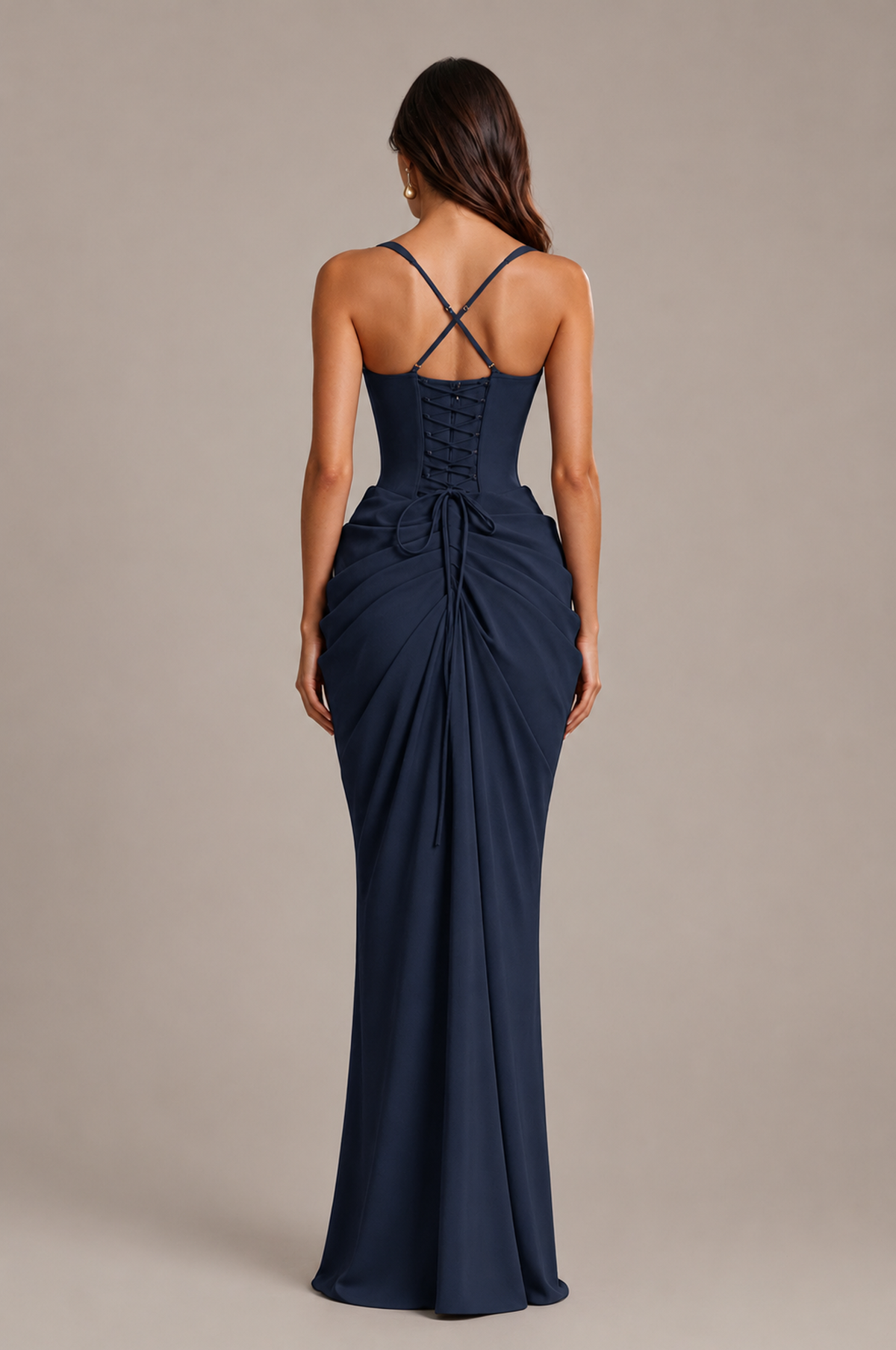 BOLODOO Navy Blue Sweetheart Ruched Lace-Up Back Evening Gown - Navy Blue - Navy_Blue_2