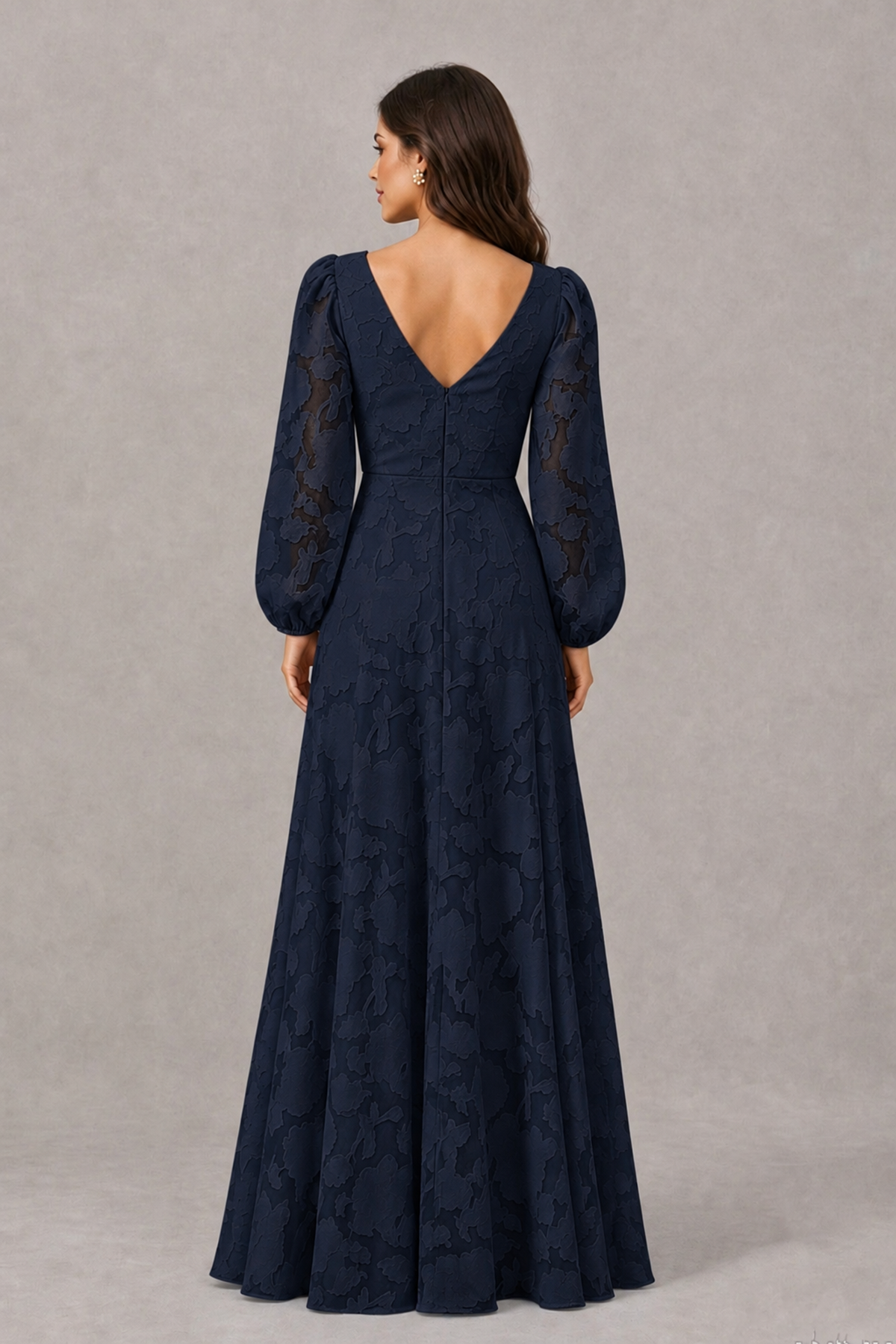 BOLODOO Navy Blue Long Sleeve V-Neck A-Line Mother of the Bride Dress - Navy Blue - Navy Blue_2