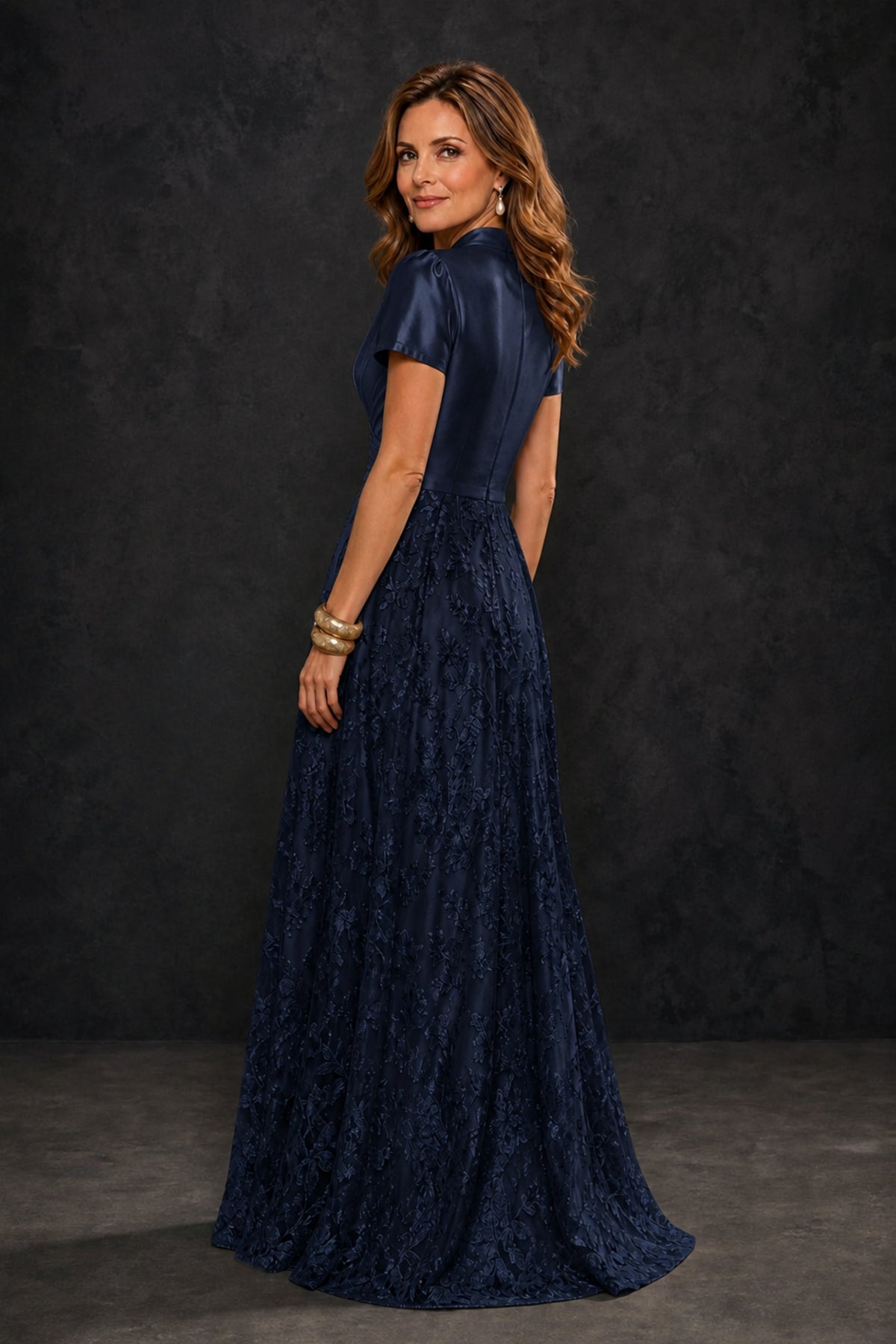 BOLODOO Navy Blue Satin Wrap V-Neck Short Sleeve Lace Glitter A-Line Floor Length Evening Gown – Formal Dress - Navy Blue