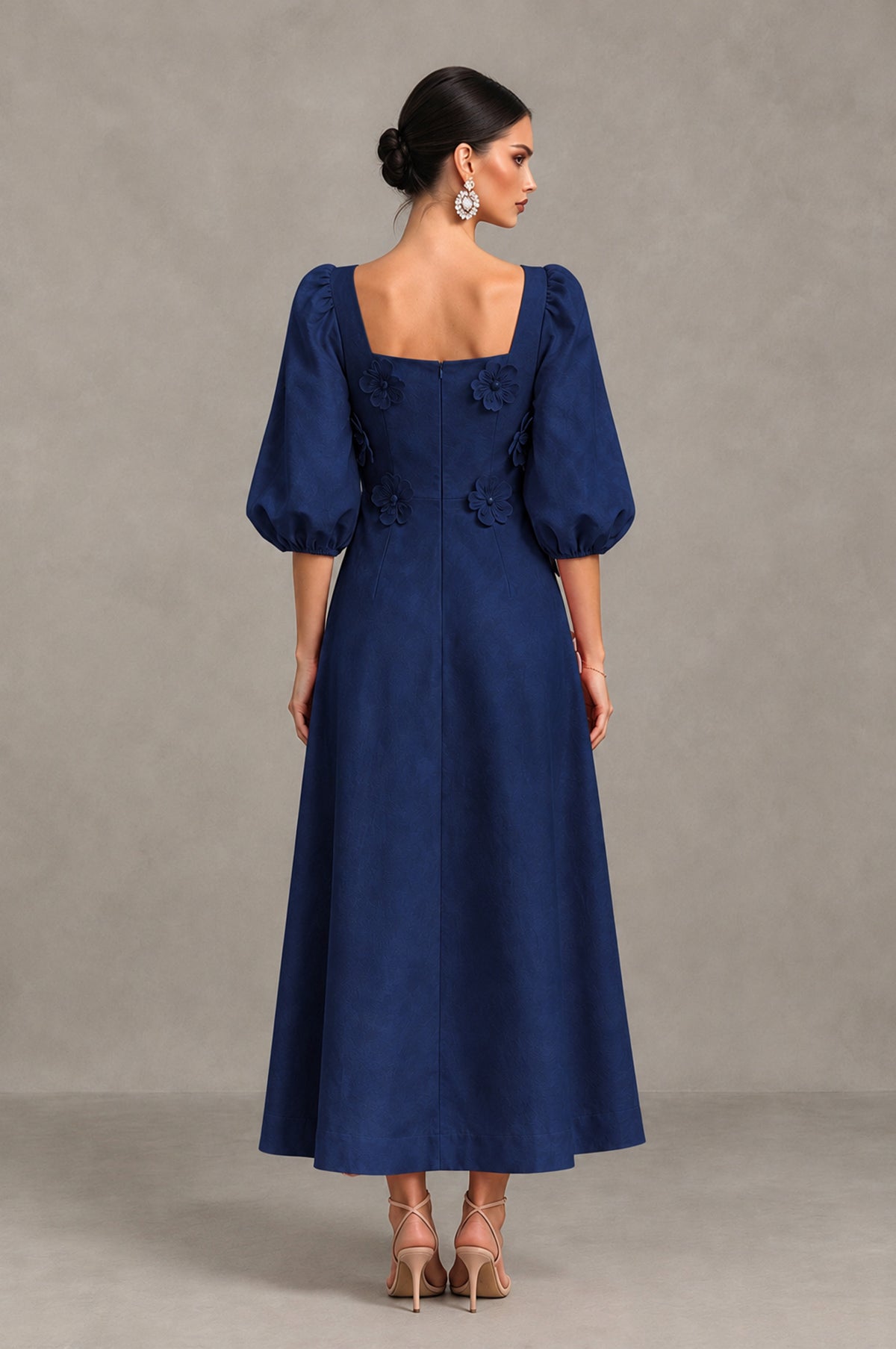 BOLODOO Navy Blue 3D Floral Puff Sleeve Midi Cocktail Dress - Navy Blue - Navy Blue_2