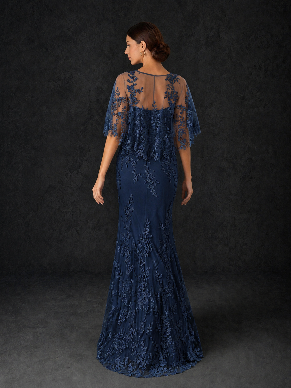 BOLODOO Mocha Navy Blue Botanical Lace Flutter Sleeve Mermaid Gown - Navy Blue