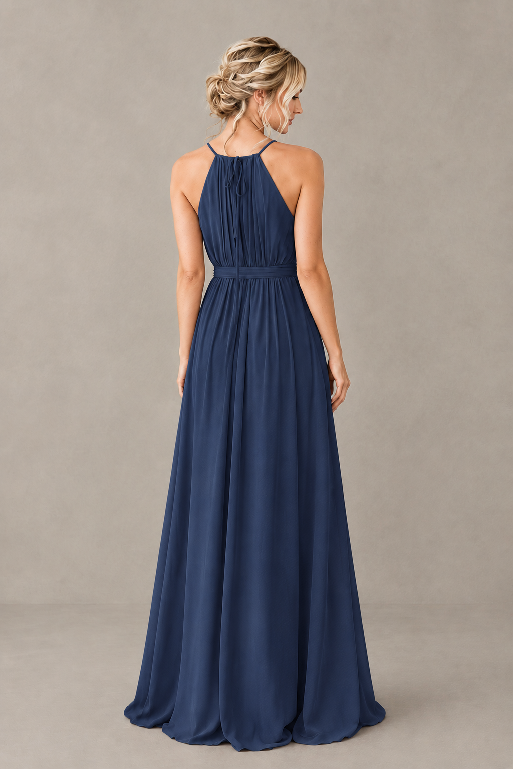 BOLODOO Navy Blue Halter Chiffon Bridesmaid Dress with High Slit - Navy Blue