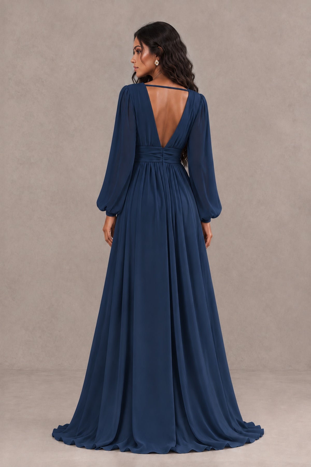BOLODOO Navy Blue Long Sleeve V-Neck A-Line Gown with Open Back & Slit - Navy Blue - Navy Blue_2