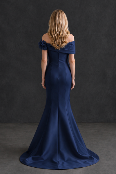 BOLODOO Navy Blue Off-Shoulder Floral Mermaid Mother of the Bride Dress - Navy Blue - Navy Blue_2