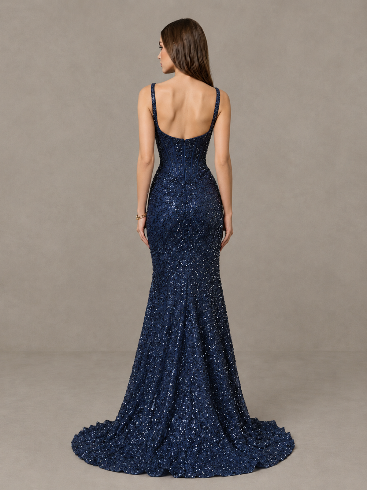 BOLODOO Navy Blue Sequin Corset Evening Gown with High Slit - Navy Blue - Navy Blue_2