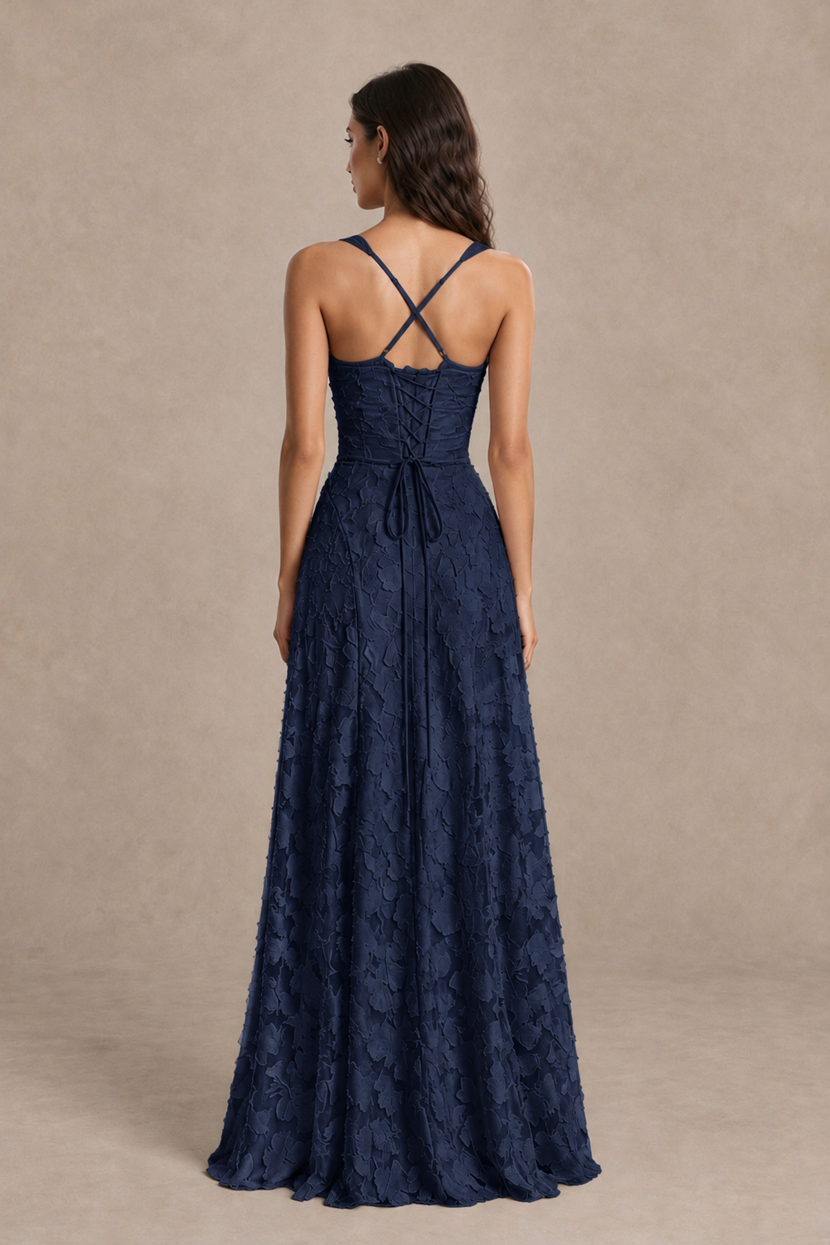 BOLODOO Navy Blue Floral-Textured A-Line Dress with Lace-Up Back - Navy Blue - Navy Blue_2