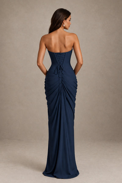 BOLODOO Strapless Draped Maxi Dress - Navy Blue Backless Evening Gown with High Slit - Navy Blue - Navy Blue_2
