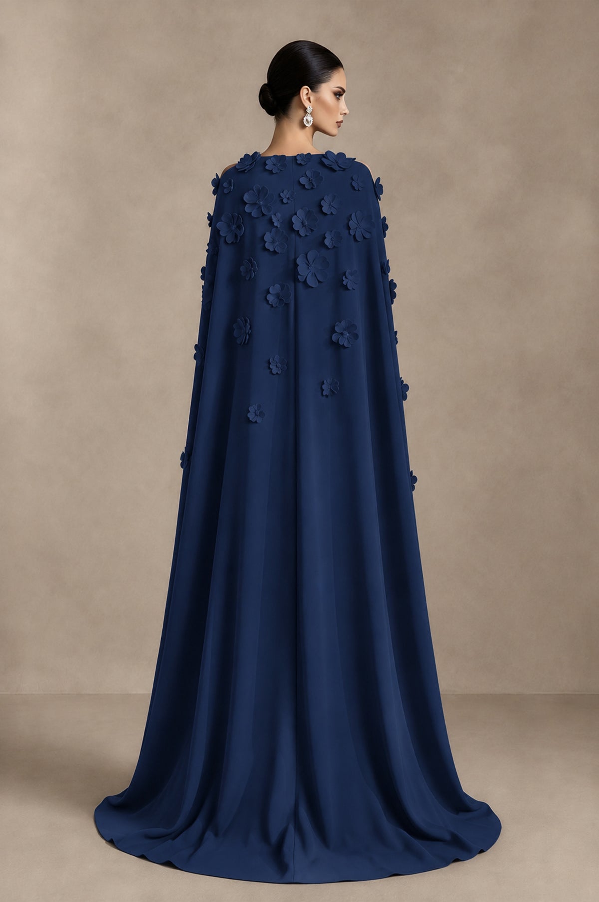 BOLODOO Navy Blue 3D Floral Applique Cape Formal Dress - Navy Blue - Navy Blue_2