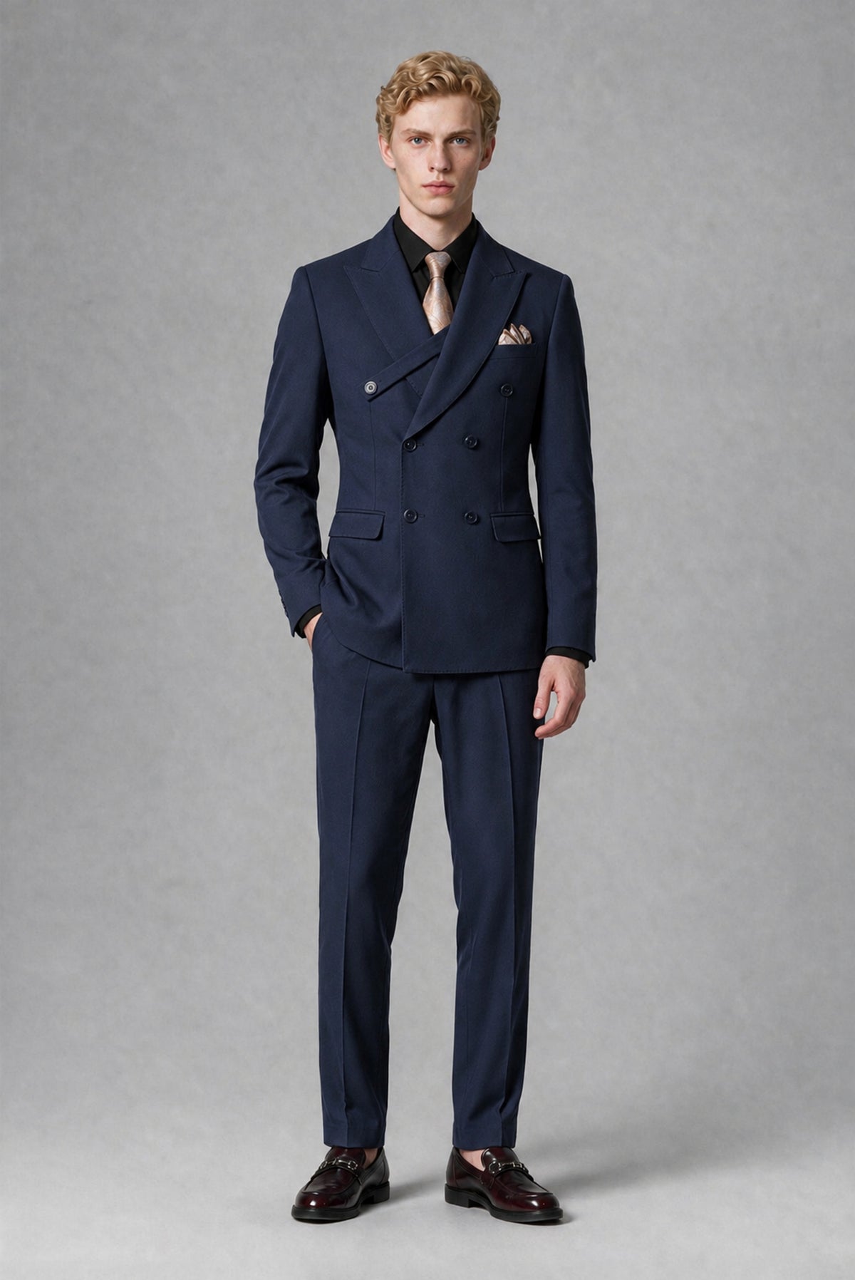 BOLODOO Men's Navy Blue Double-Breasted Two-Piece Suit – Jacket & Trousers - Navy Blue