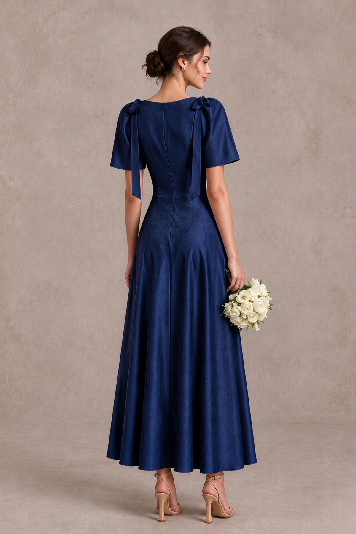 BOLODOO Navy Blue V-Neck Short Sleeve Satin-Look Bridesmaid Dress with Shoulder Bows - Navy Blue - Navy Blue_2