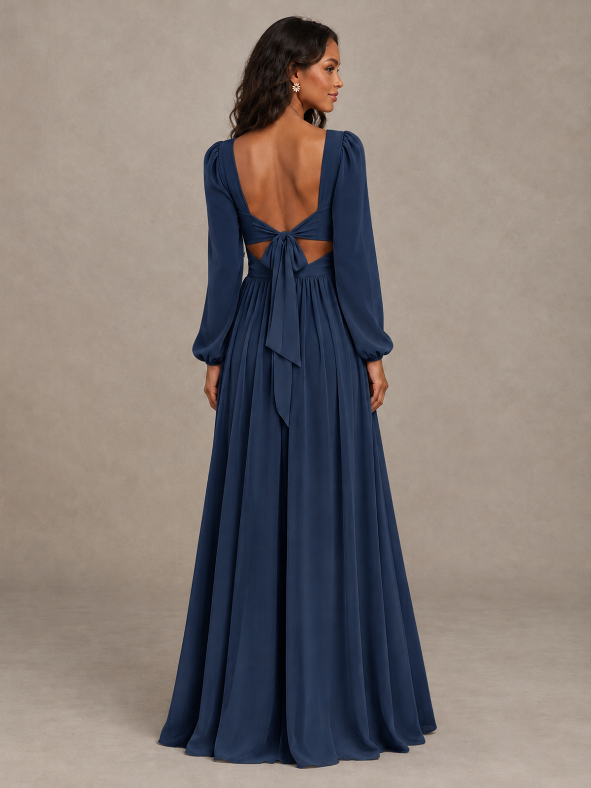 BOLODOO Navy Blue V-Neck Long Sleeve Bridesmaid Dress with Tie Back and Slit - Navy Blue - Navy Blue_2