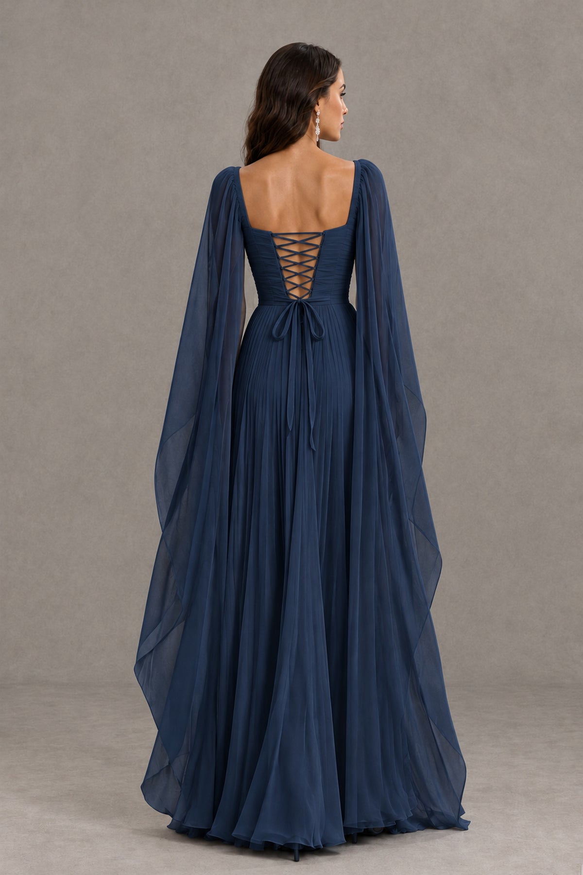 BOLODOO Navy Blue Square Neck Cape Sleeve A-Line Evening Dress - Navy Blue - Navy_Blue_2