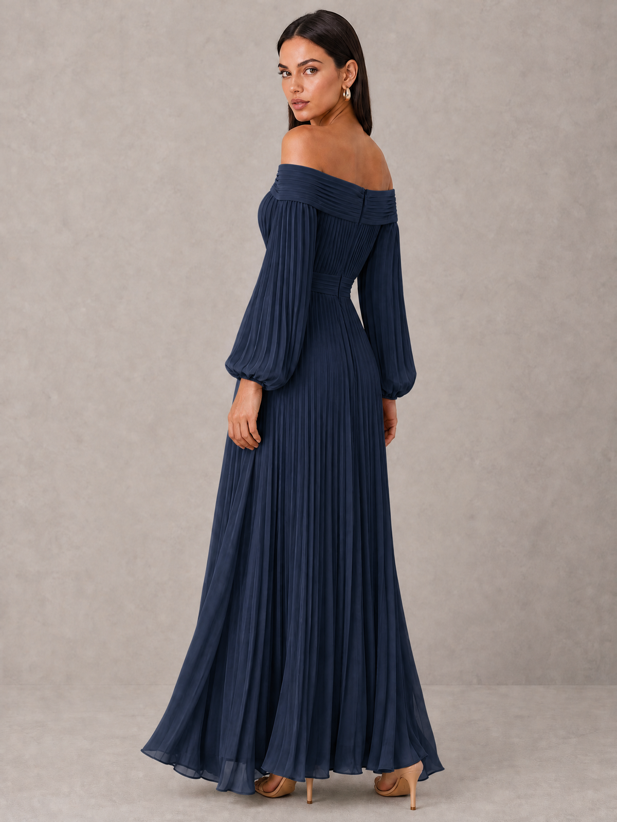 BOLODOO Navy Blue Off-Shoulder Long Sleeve Pleated High-Low Dress - Navy Blue - Navy_Blue_2